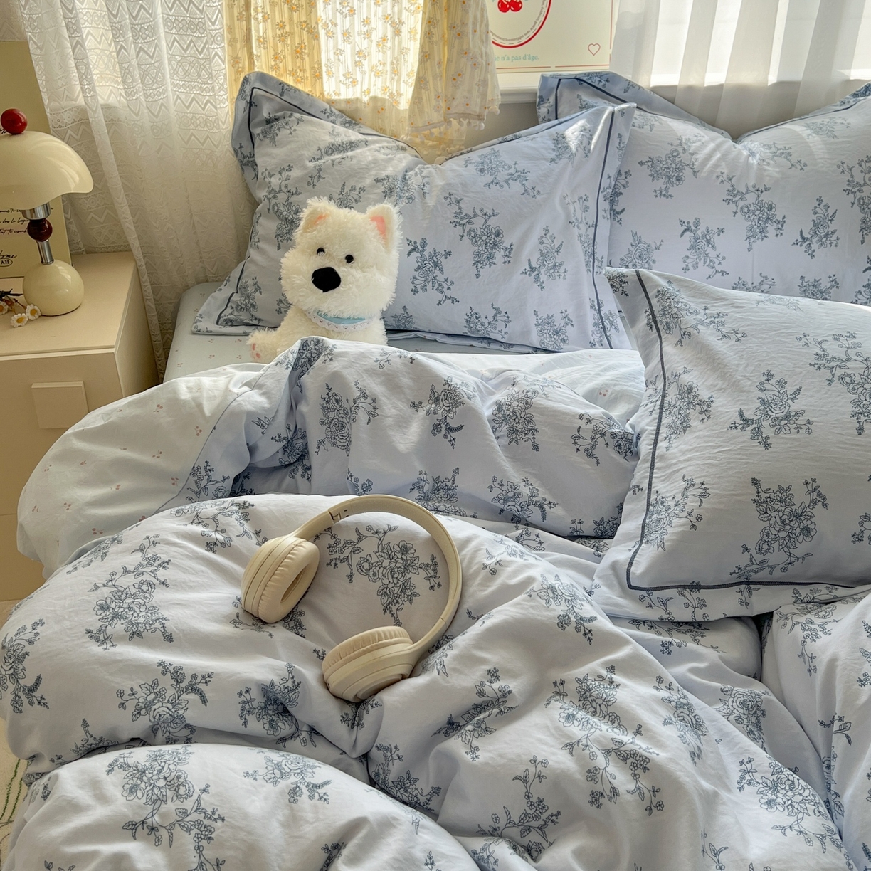 91家纺网 家纺一手货源 找家纺 亨通家纺 2025新款爆款韩国小布袋古法水洗棉云感棉四件套【提供买家秀】 香缇卡-蓝