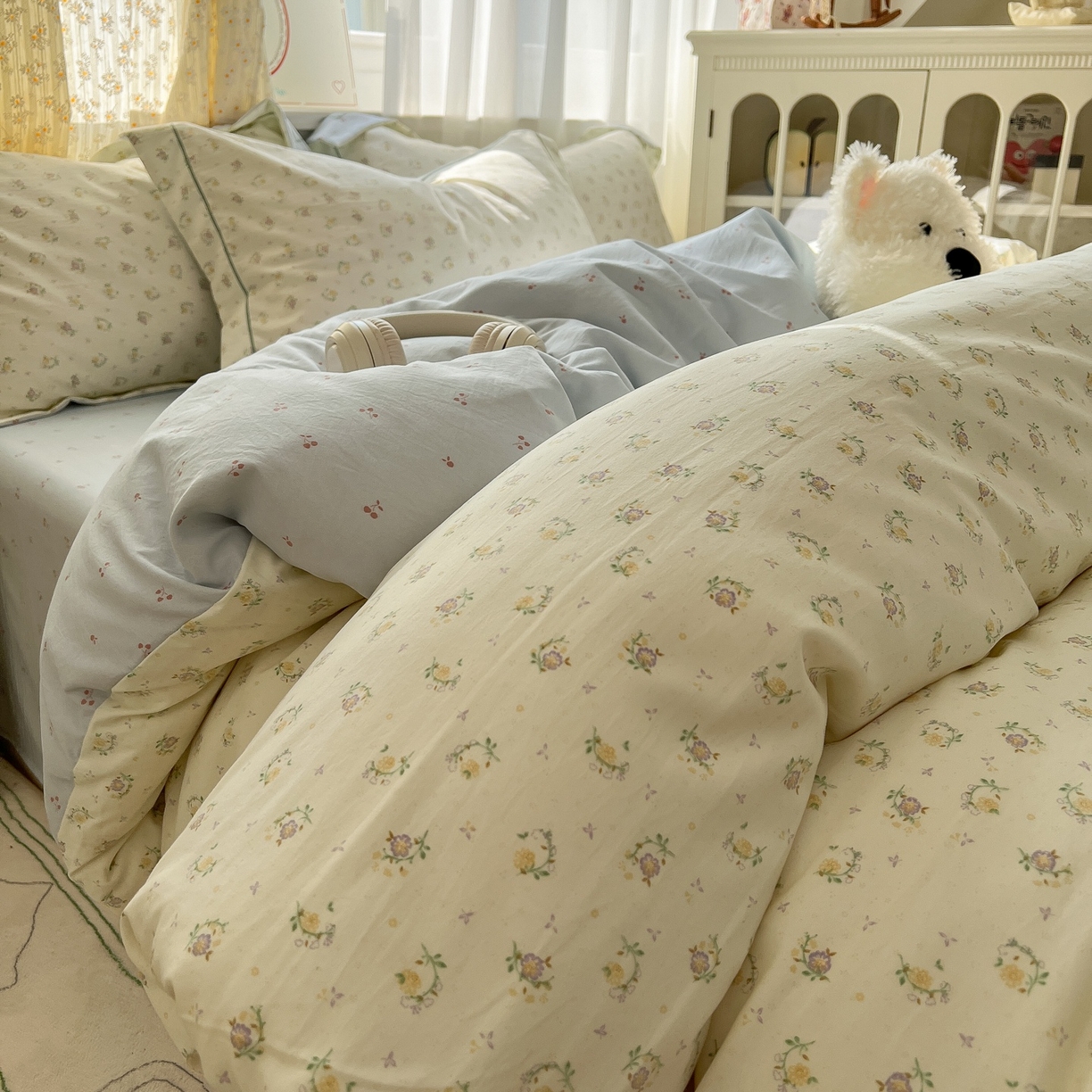 亨通家纺 2025新款爆款韩国小布袋古法水洗棉云感棉四件套【提供买家秀】 小苍兰-绿