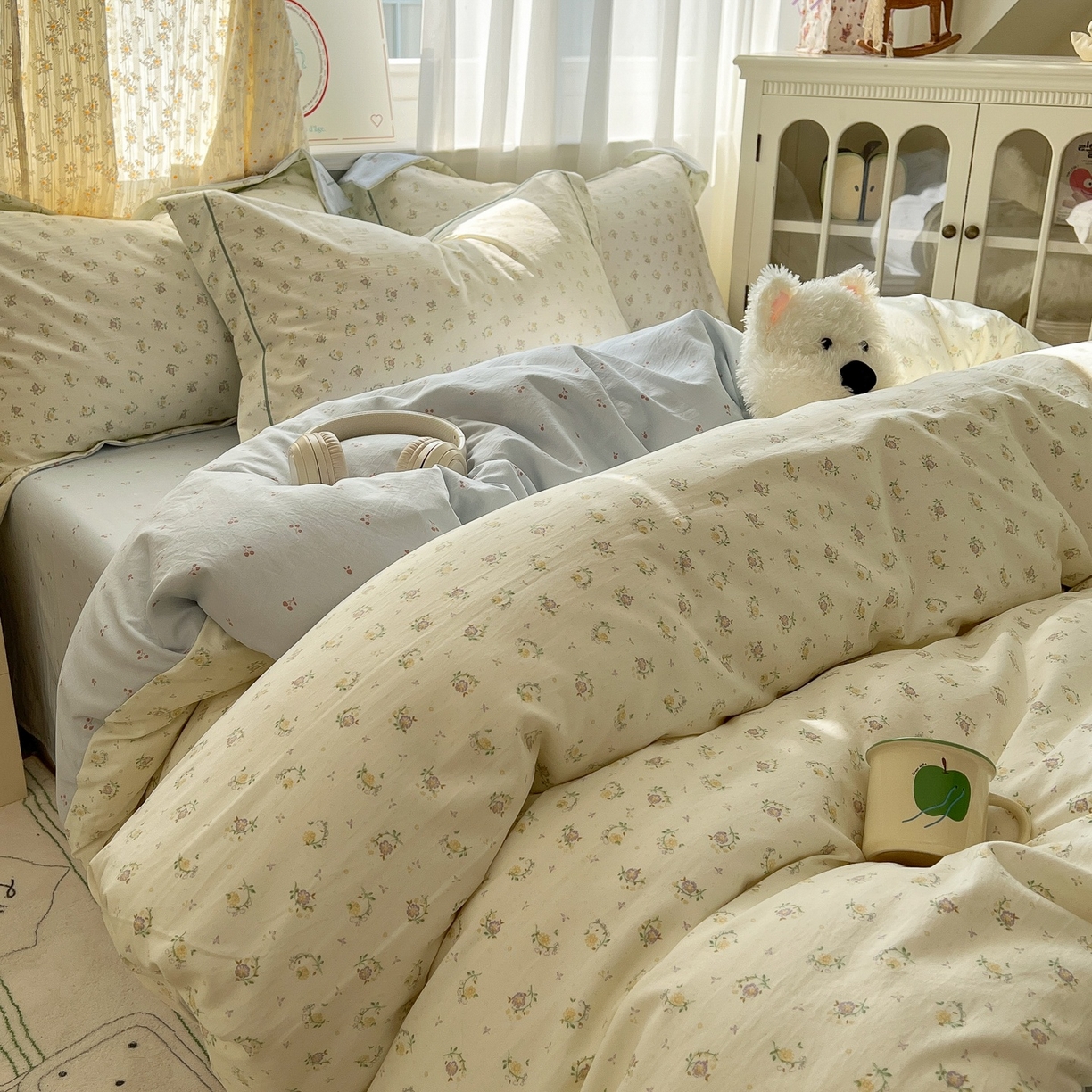 91家纺网 家纺一手货源 找家纺 亨通家纺 2025新款爆款韩国小布袋古法水洗棉云感棉四件套【提供买家秀】 小苍兰-绿