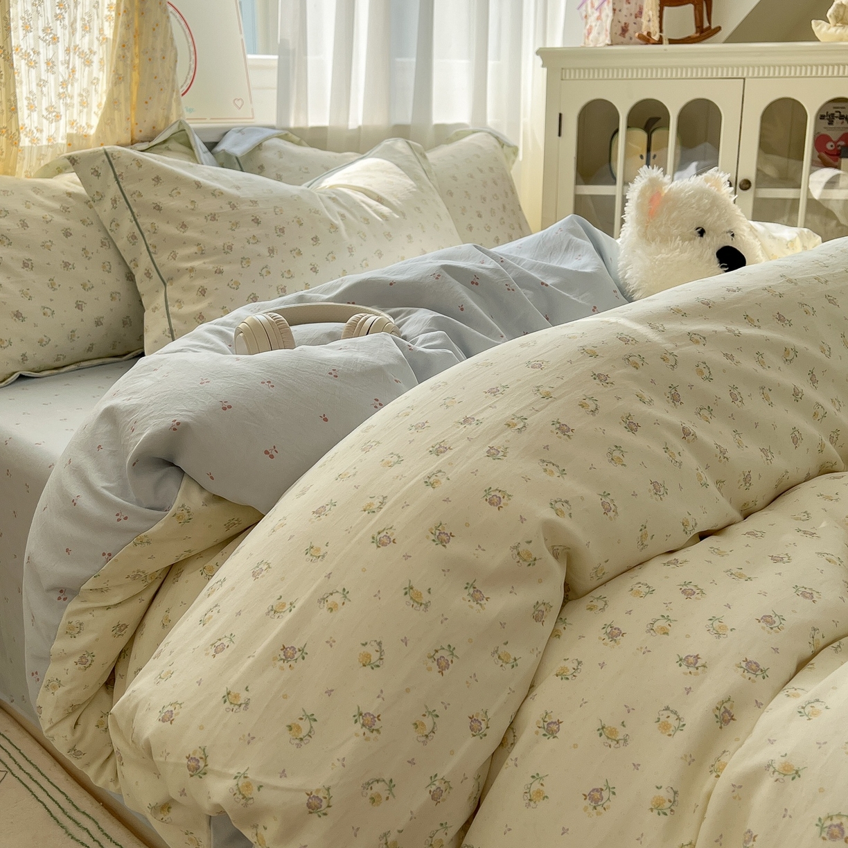 91家纺网 家纺一手货源 找家纺 亨通家纺 2025新款爆款韩国小布袋古法水洗棉云感棉四件套【提供买家秀】 小苍兰-绿