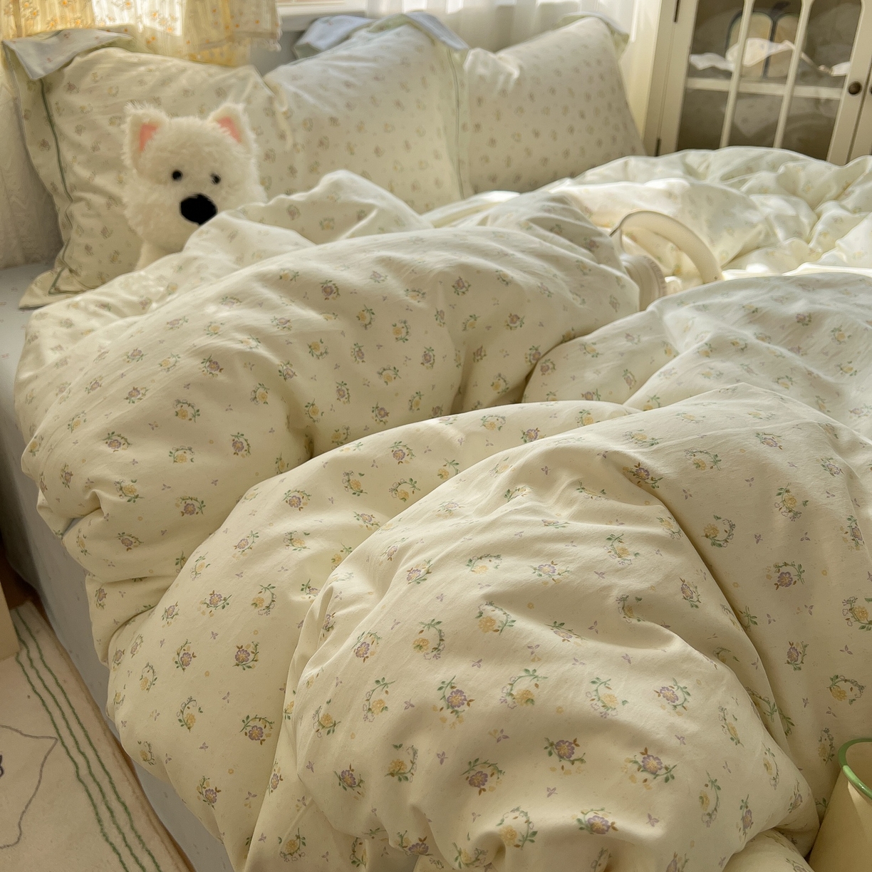 91家纺网 家纺一手货源 找家纺 亨通家纺 2025新款爆款韩国小布袋古法水洗棉云感棉四件套【提供买家秀】 小苍兰-绿