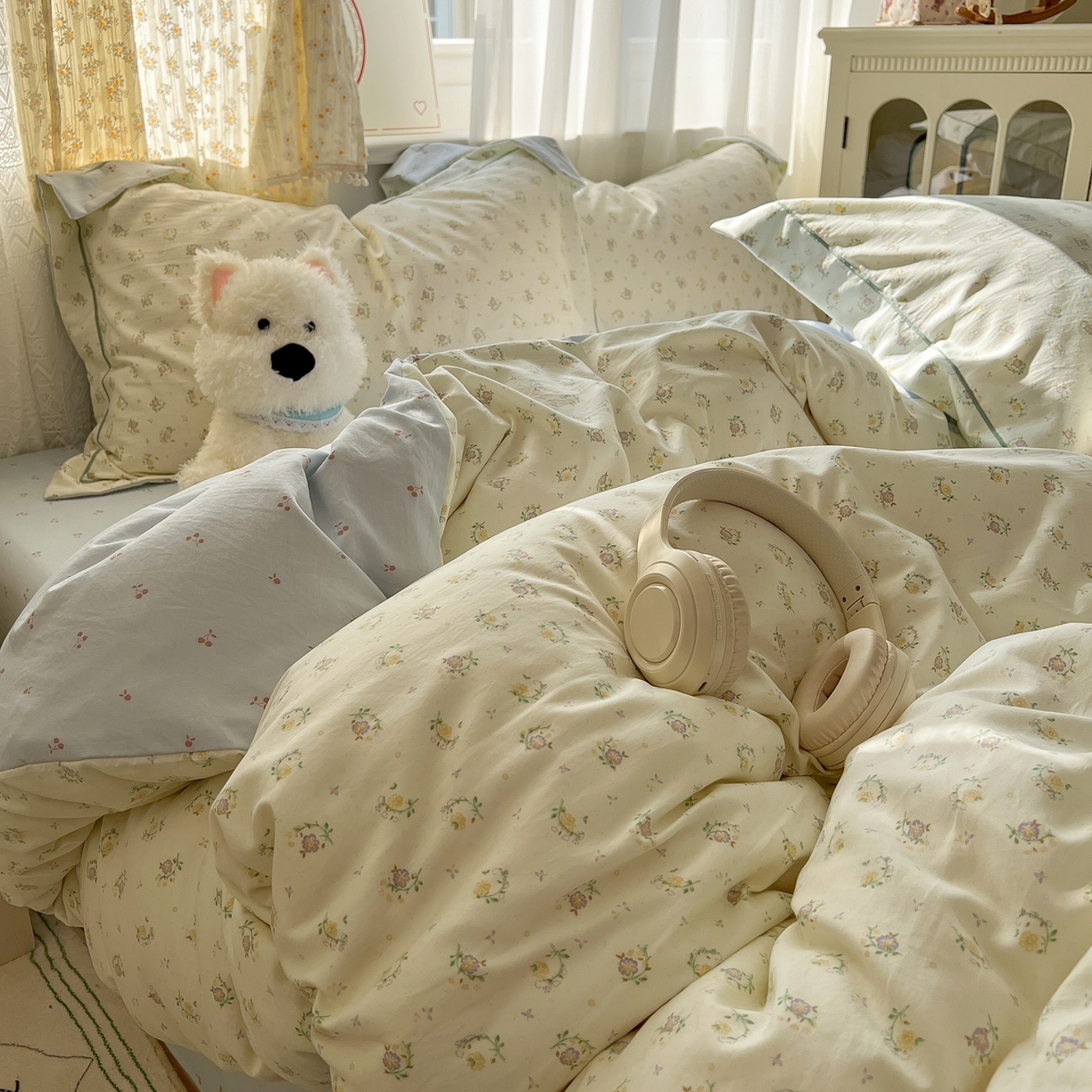 91家纺网 家纺一手货源 找家纺 亨通家纺 2025新款爆款韩国小布袋古法水洗棉云感棉四件套【提供买家秀】 小苍兰-绿