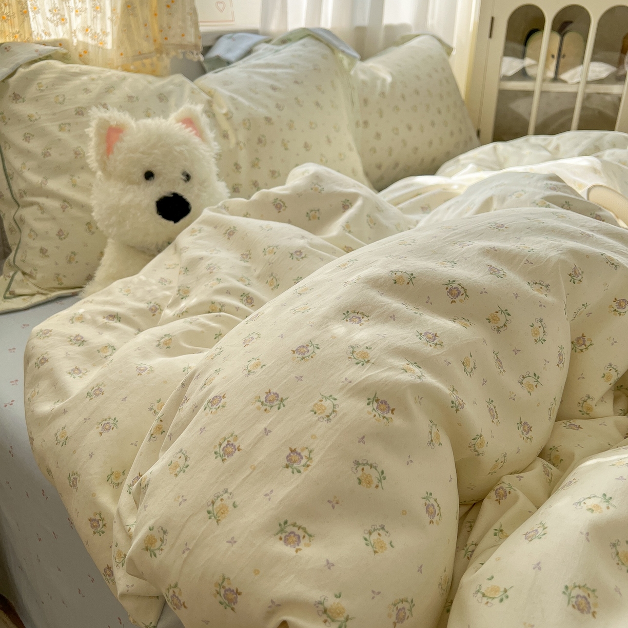 91家纺网 家纺一手货源 找家纺 亨通家纺 2025新款爆款韩国小布袋古法水洗棉云感棉四件套【提供买家秀】 小苍兰-绿