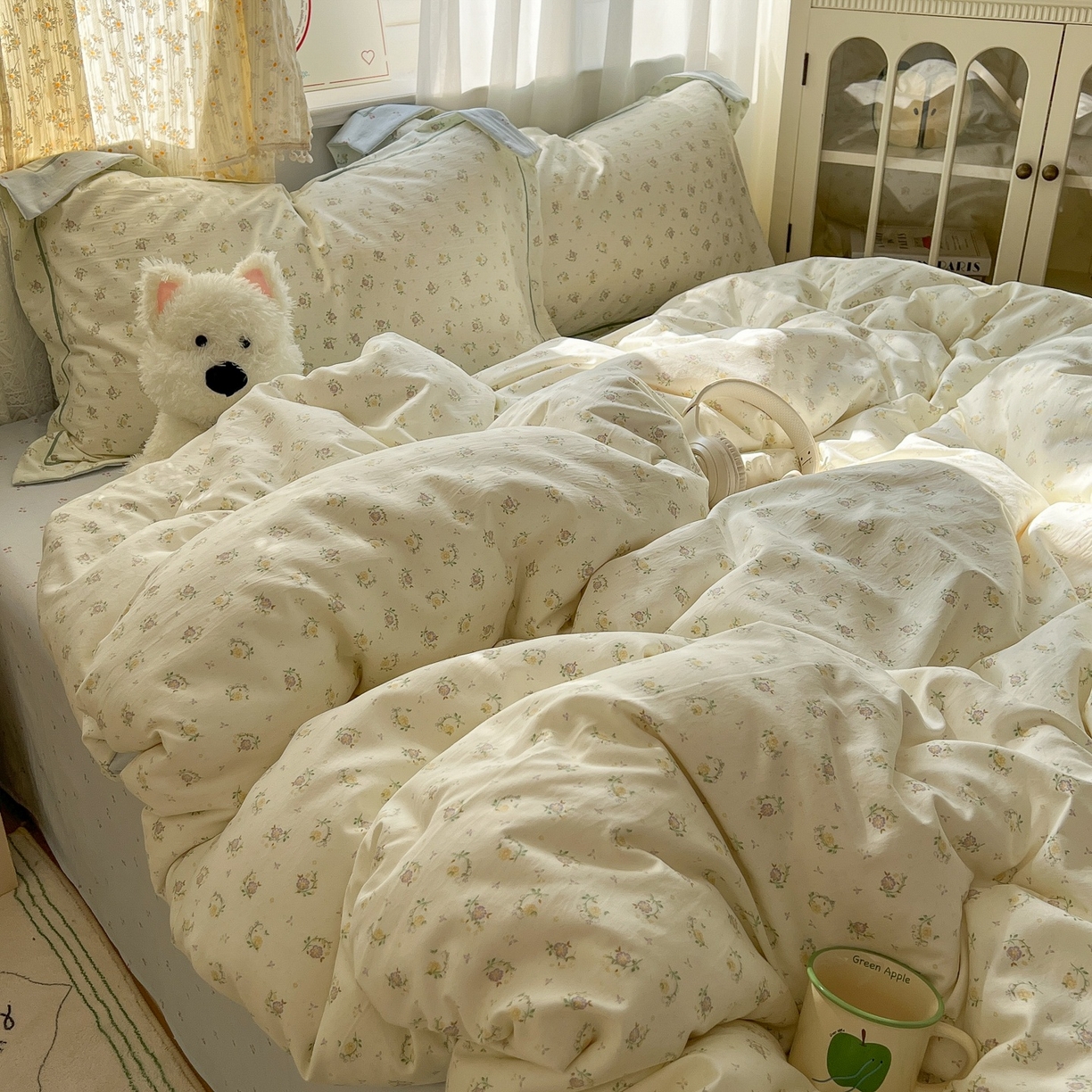 91家纺网 家纺一手货源 找家纺 亨通家纺 2025新款爆款韩国小布袋古法水洗棉云感棉四件套【提供买家秀】 小苍兰-绿