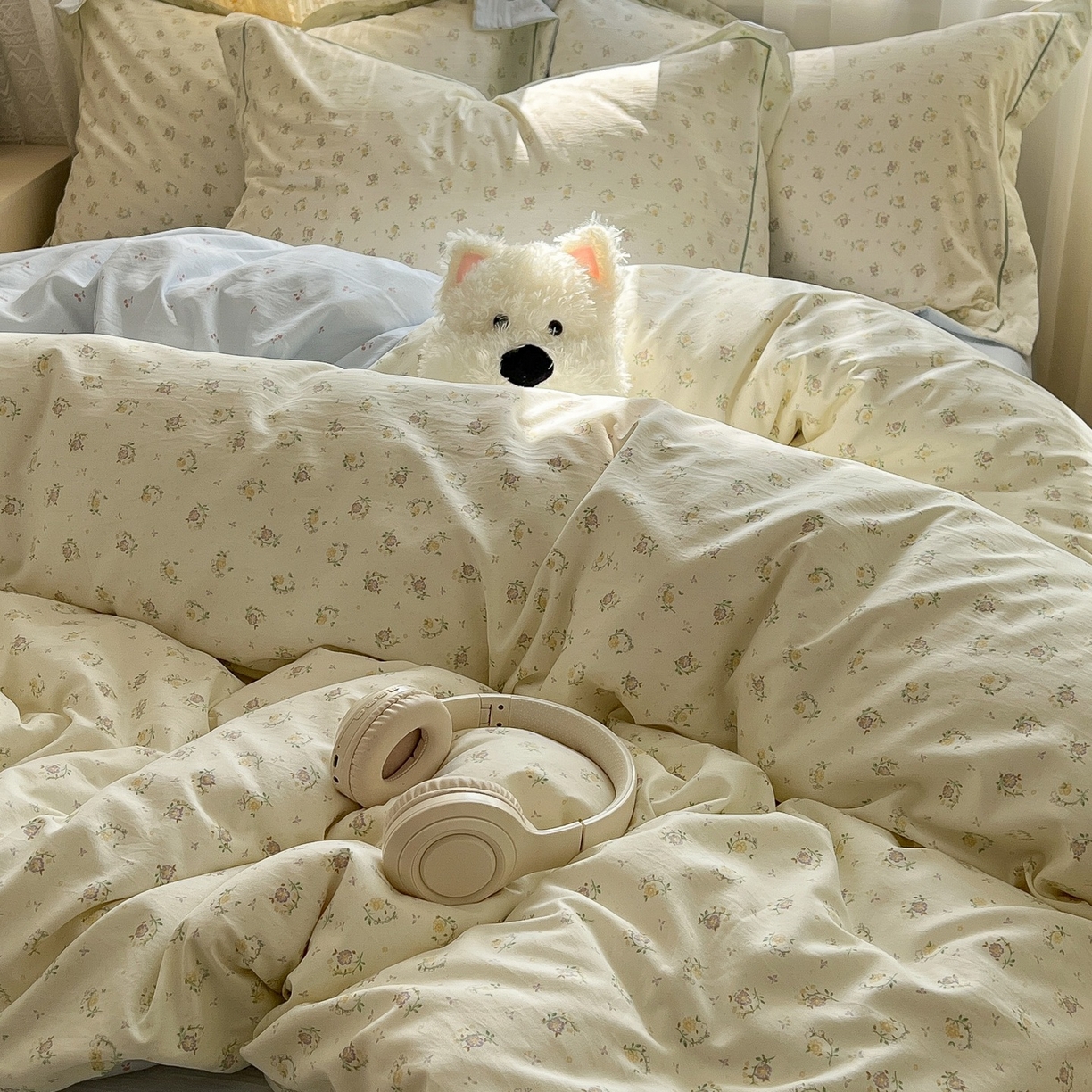 91家纺网 家纺一手货源 找家纺 亨通家纺 2025新款爆款韩国小布袋古法水洗棉云感棉四件套【提供买家秀】 小苍兰-绿