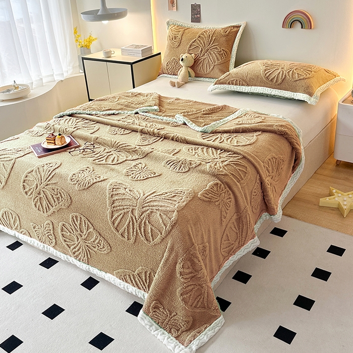 栩裕纺织 2025新款塔芙绒蝴蝶提花毛毯包边款 咖色