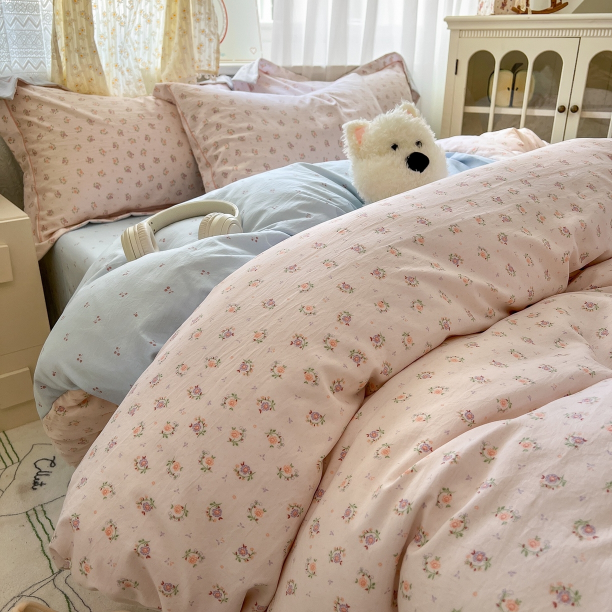 91家纺网 家纺一手货源 找家纺 亨通家纺 2025新款爆款韩国小布袋古法水洗棉云感棉四件套【提供买家秀】 小苍兰-玉