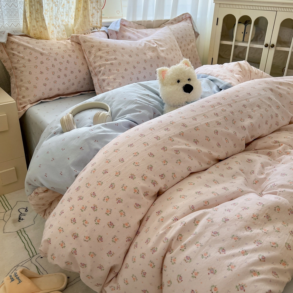 91家纺网 家纺一手货源 找家纺 亨通家纺 2025新款爆款韩国小布袋古法水洗棉云感棉四件套【提供买家秀】 小苍兰-玉