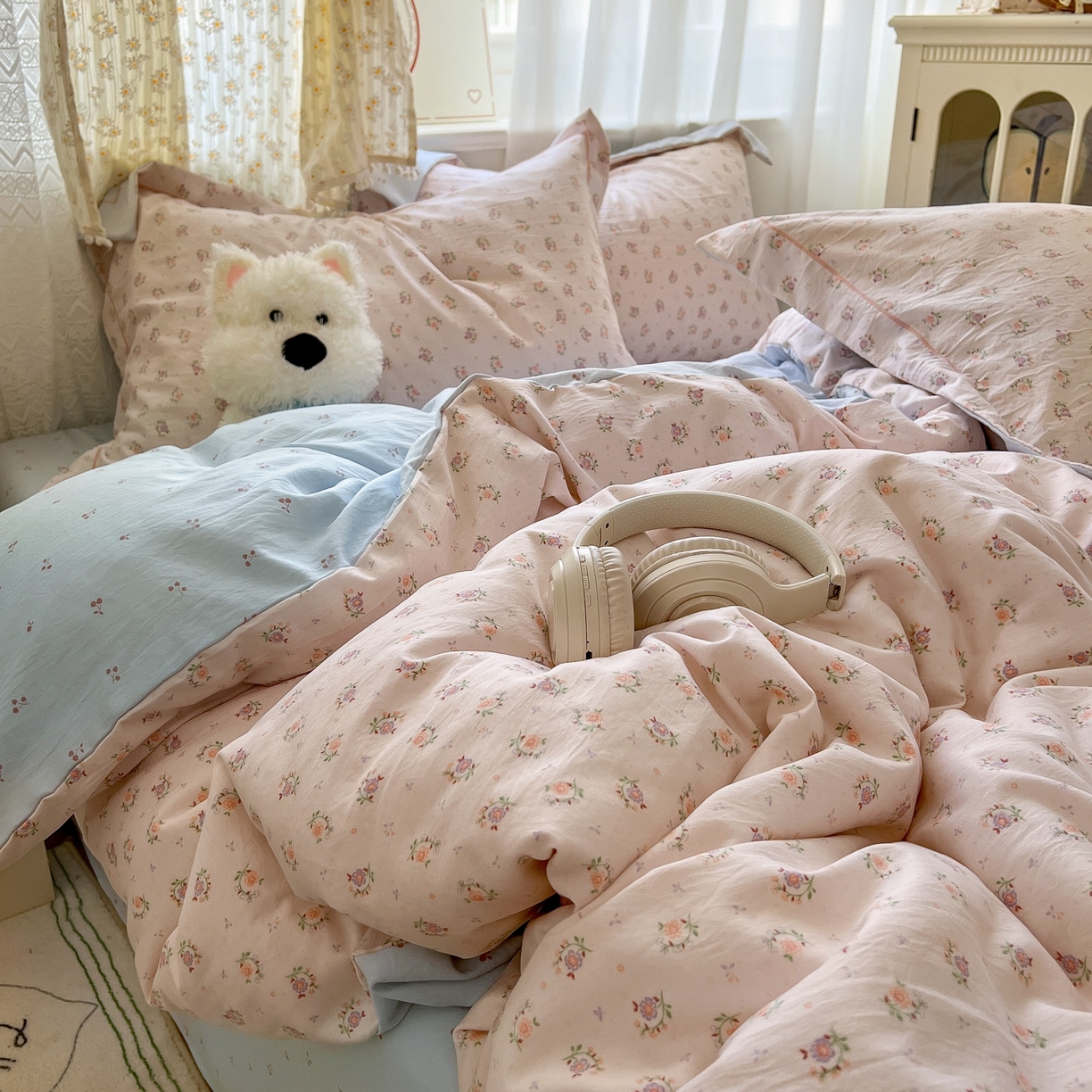 91家纺网 家纺一手货源 找家纺 亨通家纺 2025新款爆款韩国小布袋古法水洗棉云感棉四件套【提供买家秀】 小苍兰-玉