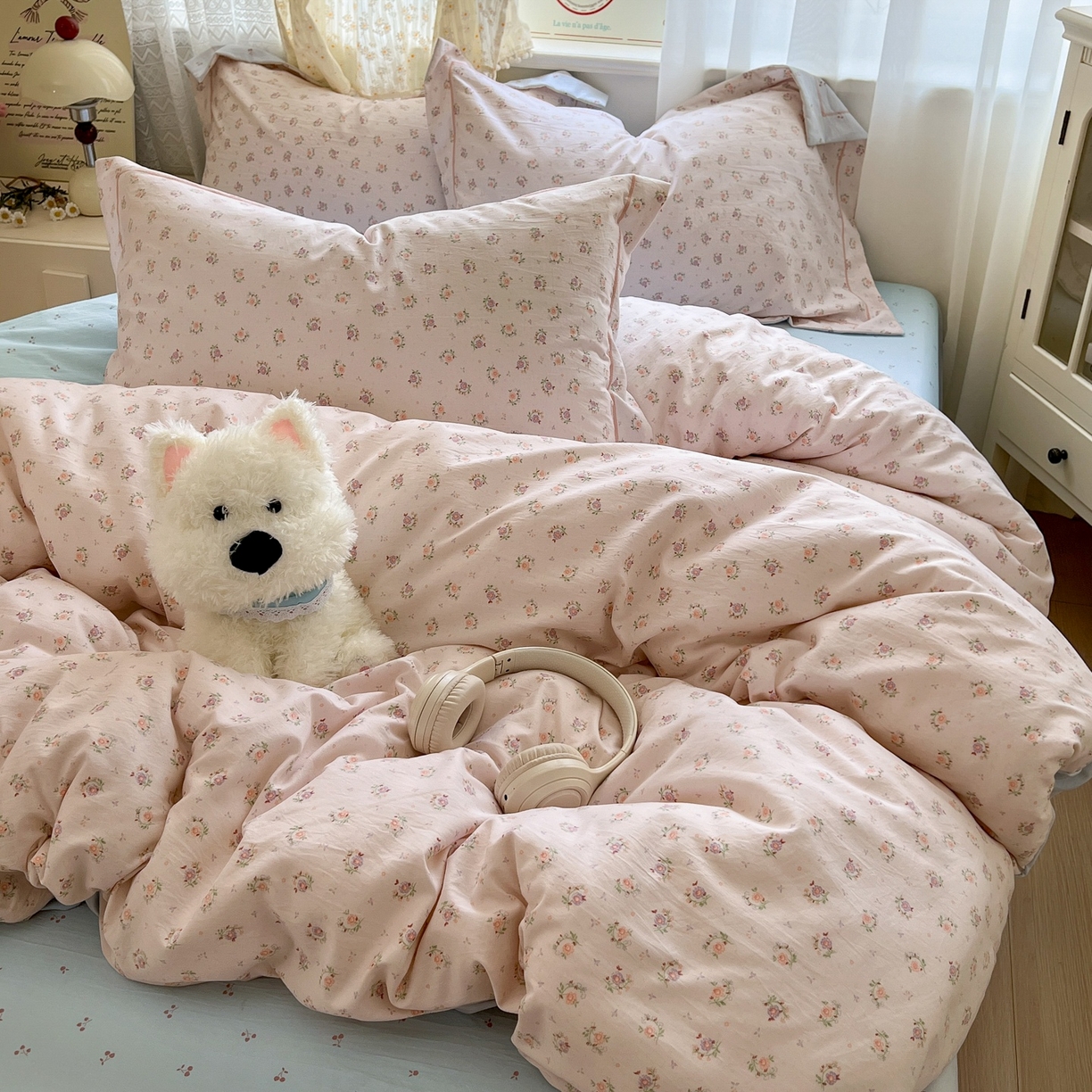 91家纺网 家纺一手货源 找家纺 亨通家纺 2025新款爆款韩国小布袋古法水洗棉云感棉四件套【提供买家秀】 小苍兰-玉