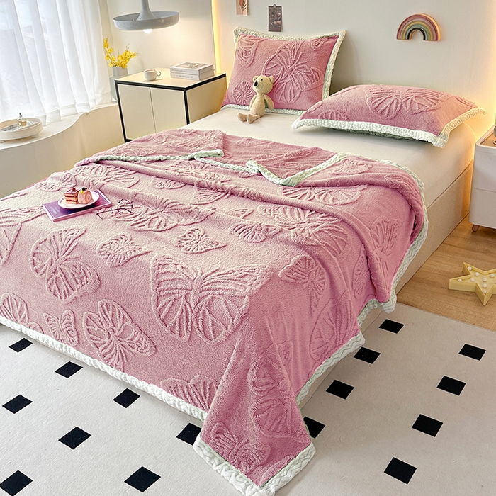 栩裕纺织 2025新款塔芙绒蝴蝶提花毛毯包边款 玫瑰粉