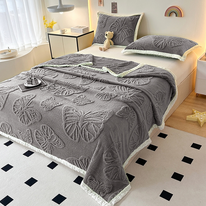 栩裕纺织 2025新款塔芙绒蝴蝶提花毛毯包边款 深灰