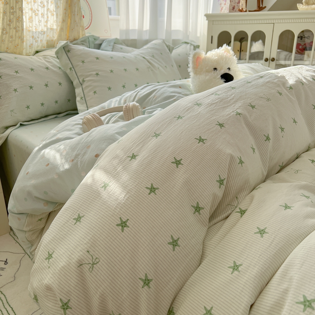 亨通家纺 2025新款爆款韩国小布袋古法水洗棉云感棉四件套【提供买家秀】 小海星-绿