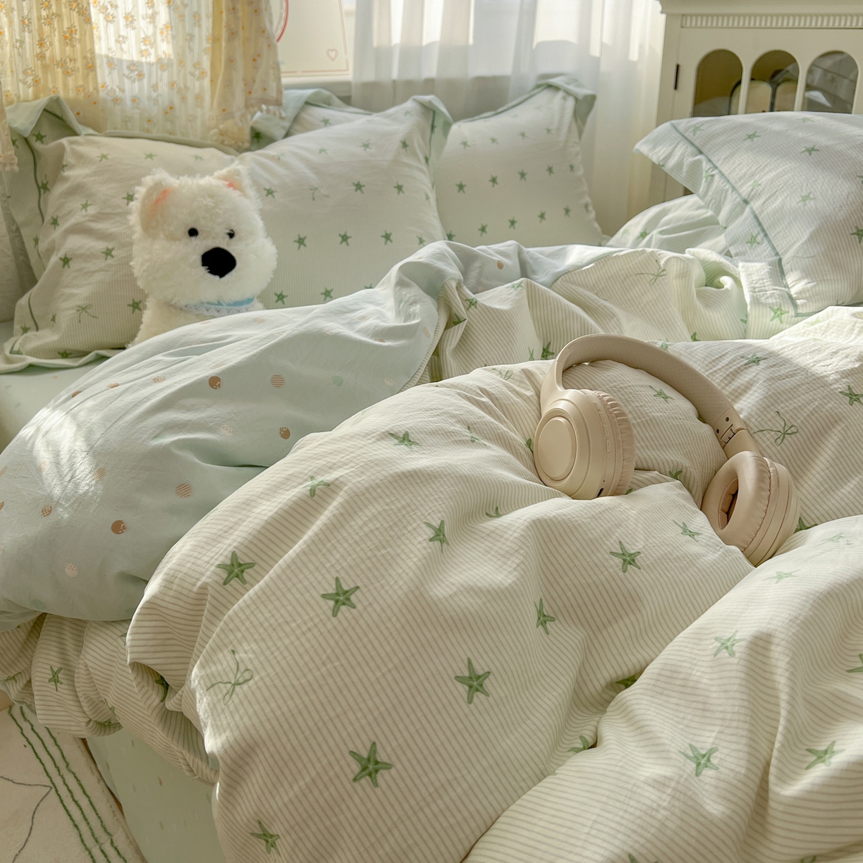 91家纺网 家纺一手货源 找家纺 亨通家纺 2025新款爆款韩国小布袋古法水洗棉云感棉四件套【提供买家秀】 小海星-绿