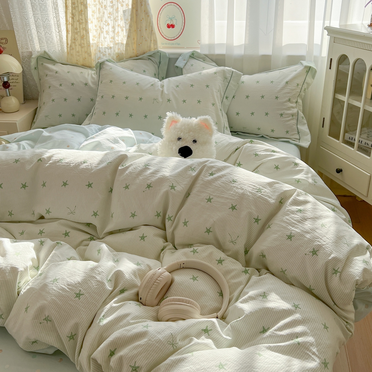 91家纺网 家纺一手货源 找家纺 亨通家纺 2025新款爆款韩国小布袋古法水洗棉云感棉四件套【提供买家秀】 小海星-绿
