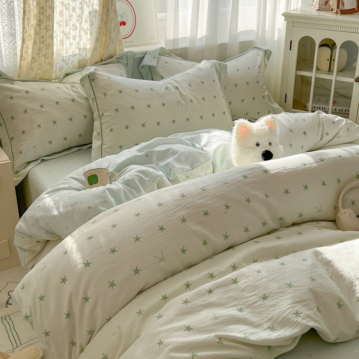 91家纺网 家纺一手货源 找家纺 亨通家纺 2025新款爆款韩国小布袋古法水洗棉云感棉四件套【提供买家秀】 小海星-绿