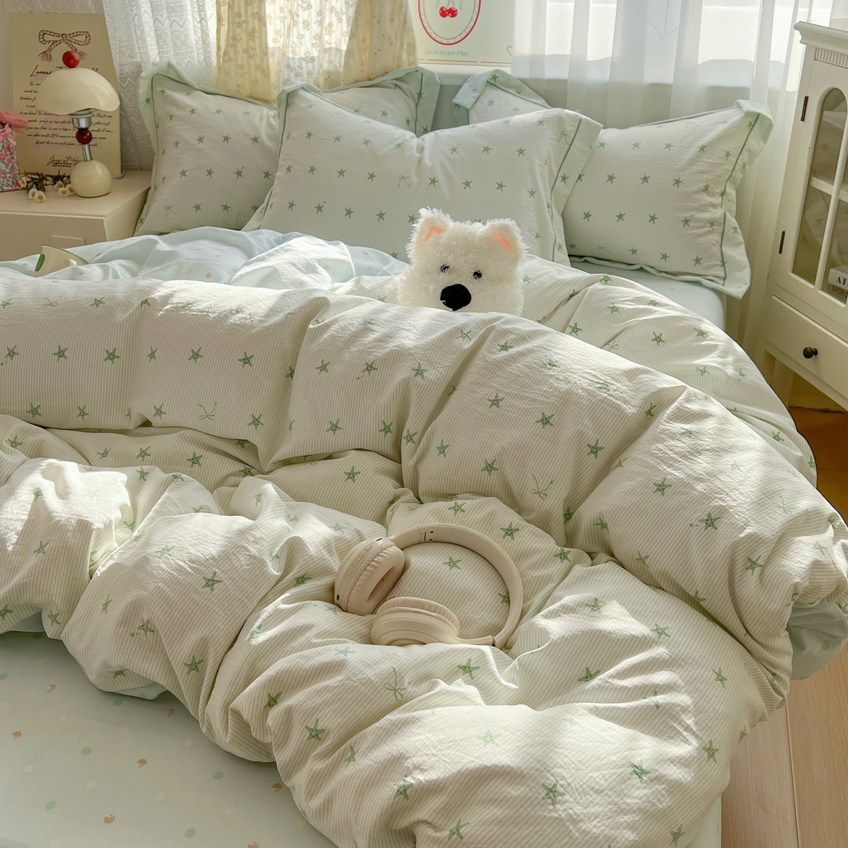 91家纺网 家纺一手货源 找家纺 亨通家纺 2025新款爆款韩国小布袋古法水洗棉云感棉四件套【提供买家秀】 小海星-绿