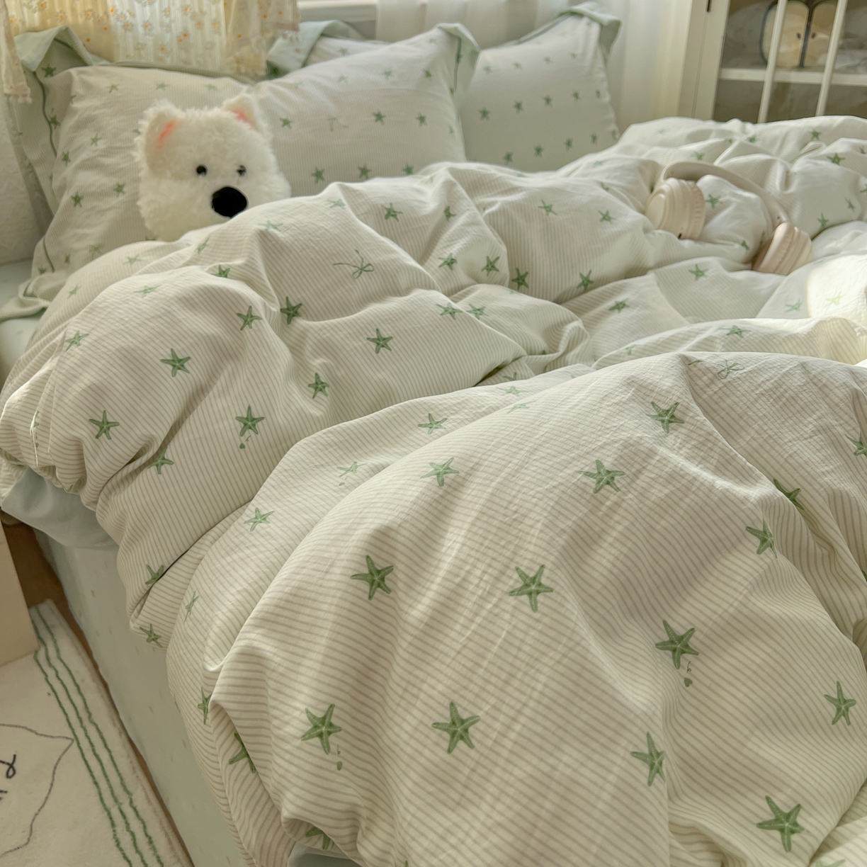 91家纺网 家纺一手货源 找家纺 亨通家纺 2025新款爆款韩国小布袋古法水洗棉云感棉四件套【提供买家秀】 小海星-绿
