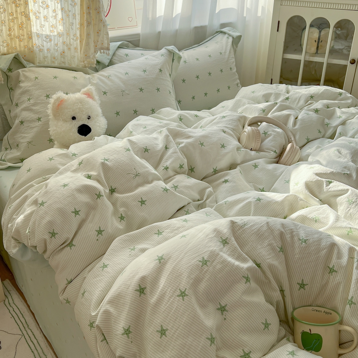 91家纺网 家纺一手货源 找家纺 亨通家纺 2025新款爆款韩国小布袋古法水洗棉云感棉四件套【提供买家秀】 小海星-绿