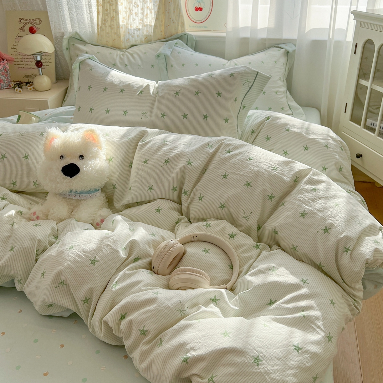 91家纺网 家纺一手货源 找家纺 亨通家纺 2025新款爆款韩国小布袋古法水洗棉云感棉四件套【提供买家秀】 小海星-绿