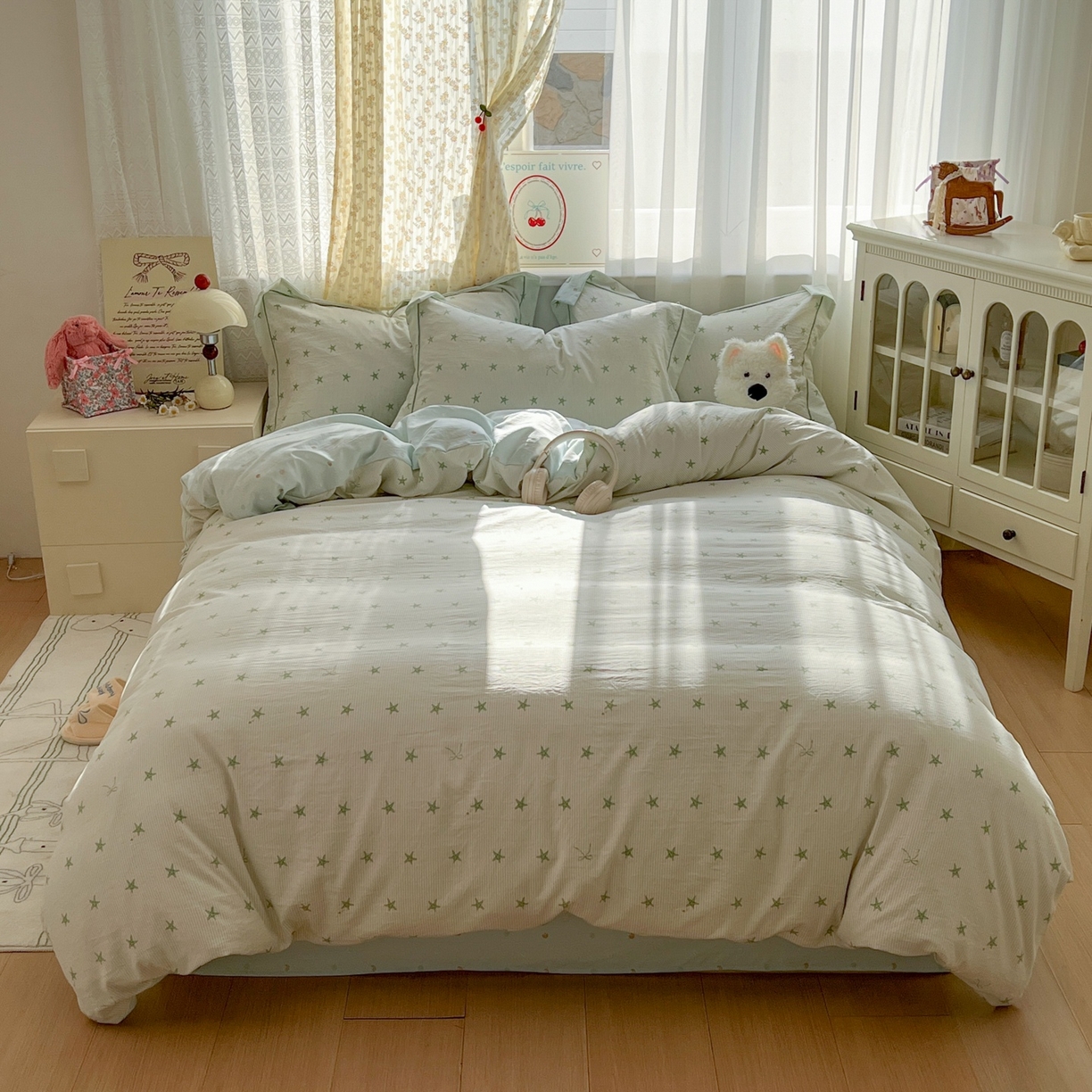 91家纺网 家纺一手货源 找家纺 亨通家纺 2025新款爆款韩国小布袋古法水洗棉云感棉四件套【提供买家秀】 小海星-绿