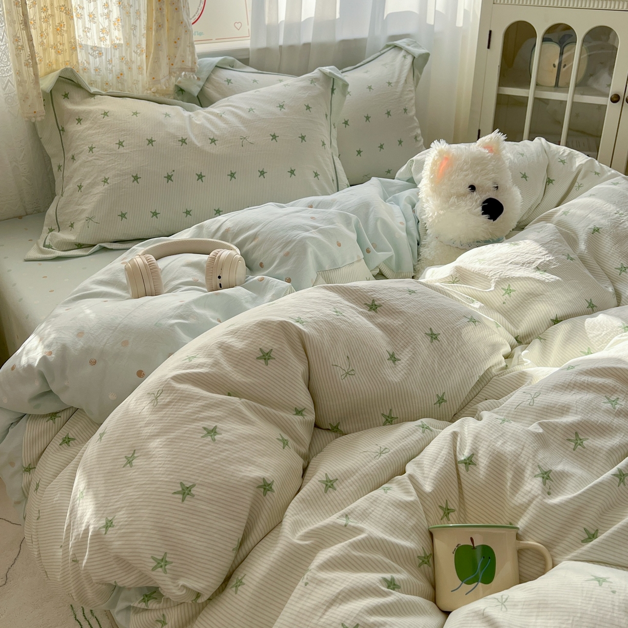 91家纺网 家纺一手货源 找家纺 亨通家纺 2025新款爆款韩国小布袋古法水洗棉云感棉四件套【提供买家秀】 小海星-绿