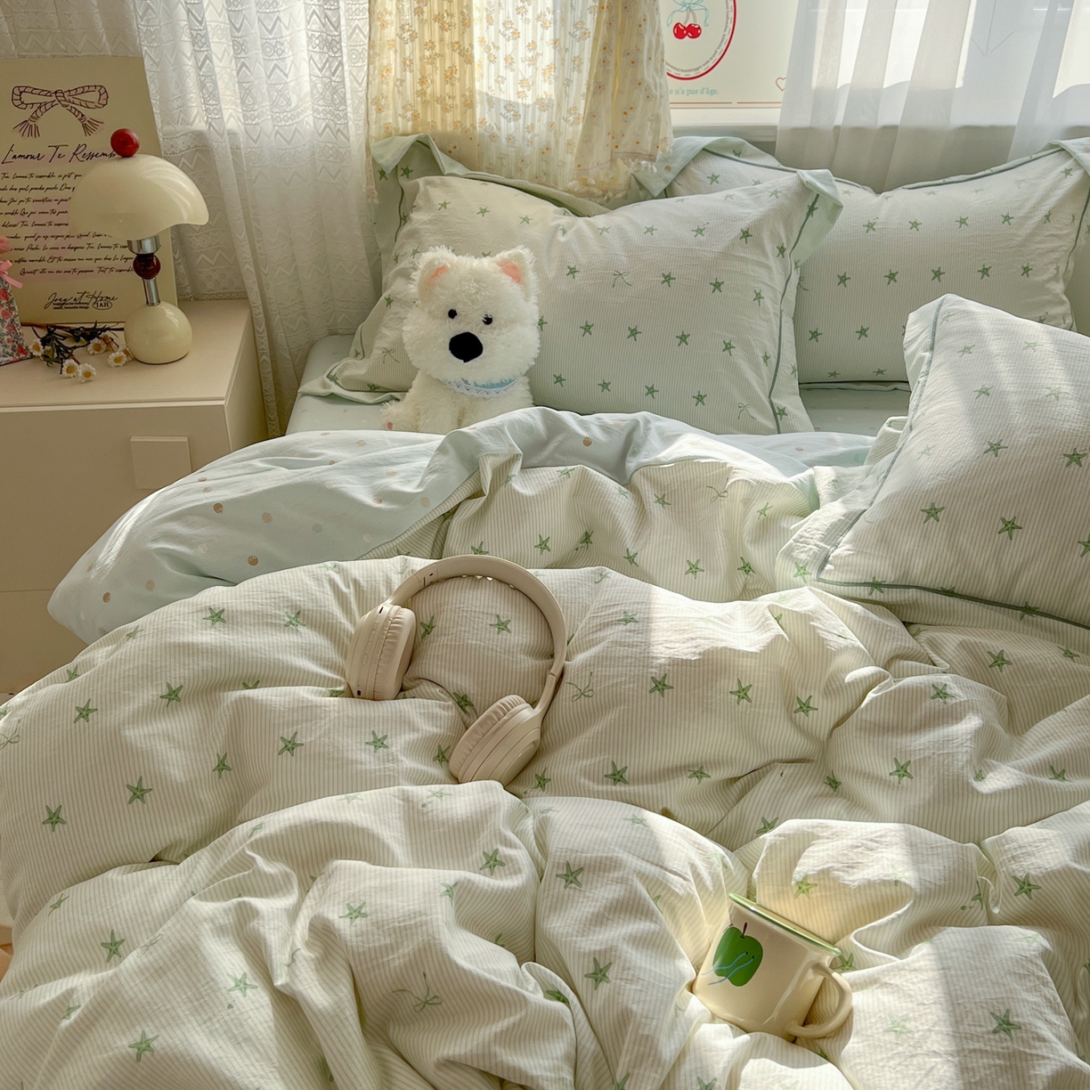 91家纺网 家纺一手货源 找家纺 亨通家纺 2025新款爆款韩国小布袋古法水洗棉云感棉四件套【提供买家秀】 小海星-绿