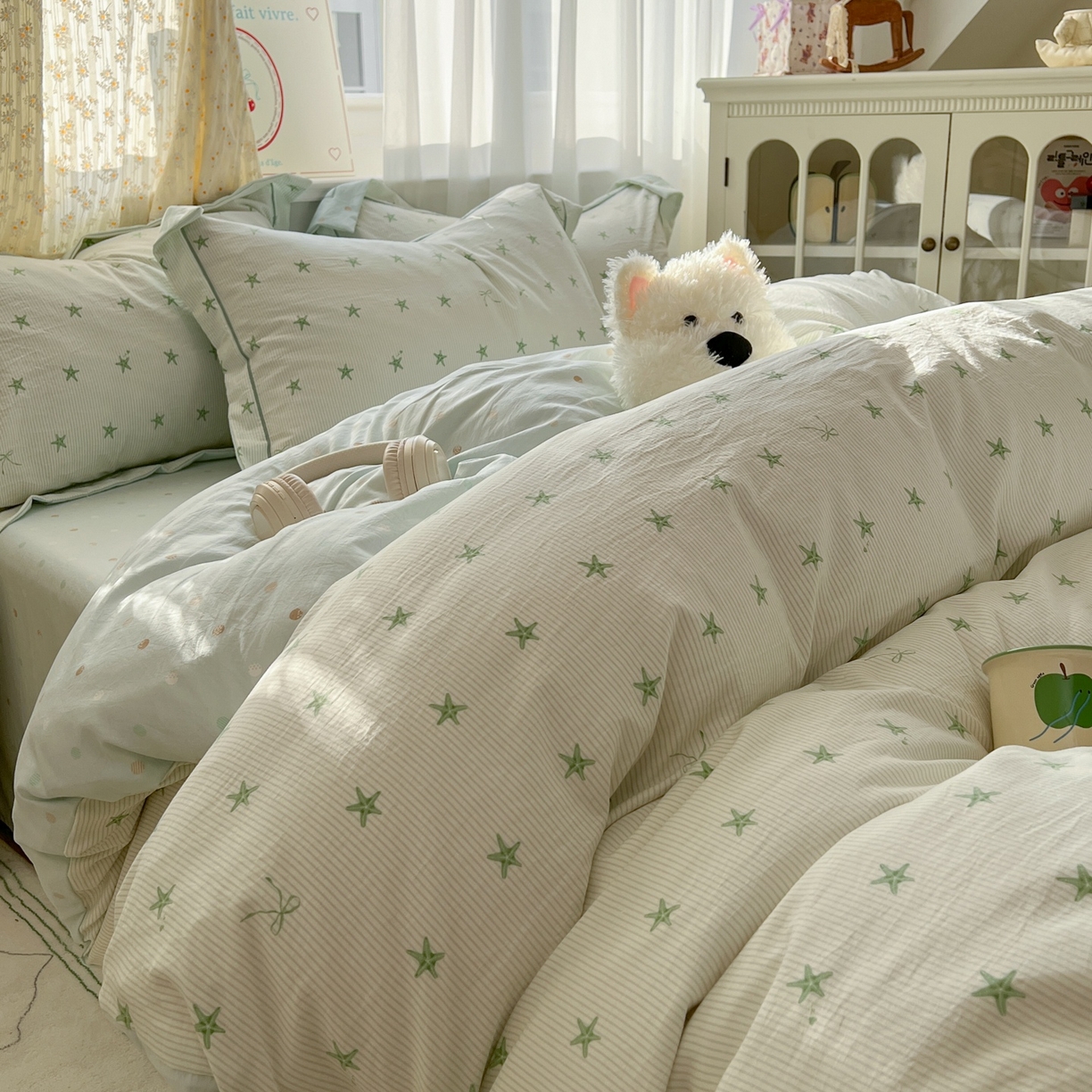 91家纺网 家纺一手货源 找家纺 亨通家纺 2025新款爆款韩国小布袋古法水洗棉云感棉四件套【提供买家秀】 小海星-绿