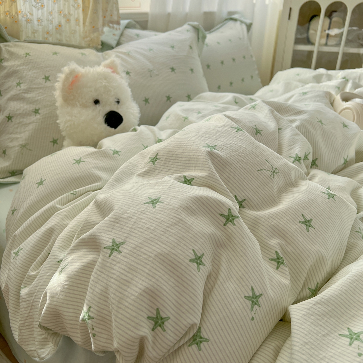 91家纺网 家纺一手货源 找家纺 亨通家纺 2025新款爆款韩国小布袋古法水洗棉云感棉四件套【提供买家秀】 小海星-绿