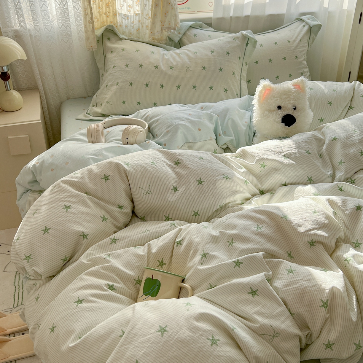 91家纺网 家纺一手货源 找家纺 亨通家纺 2025新款爆款韩国小布袋古法水洗棉云感棉四件套【提供买家秀】 小海星-绿