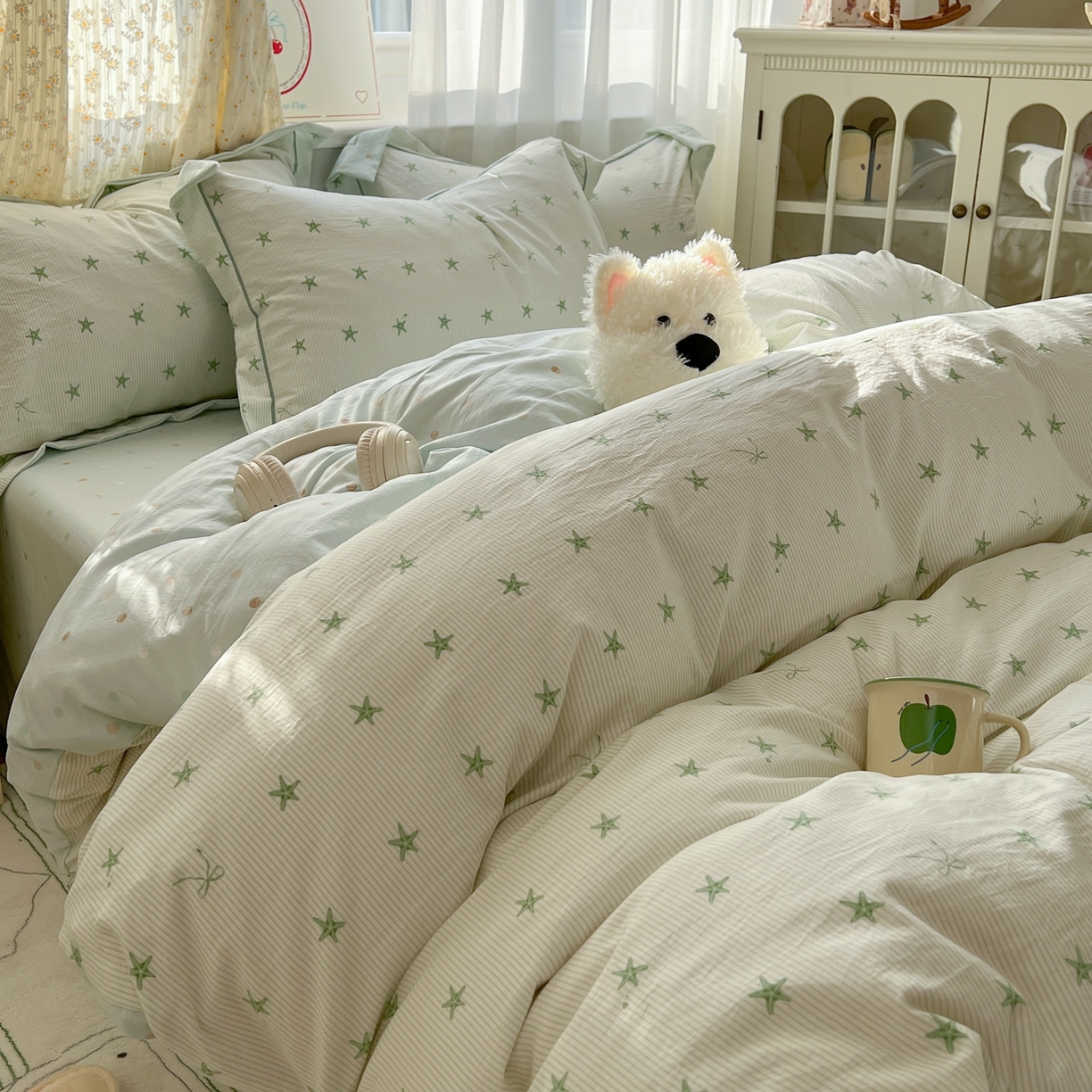 91家纺网 家纺一手货源 找家纺 亨通家纺 2025新款爆款韩国小布袋古法水洗棉云感棉四件套【提供买家秀】 小海星-绿