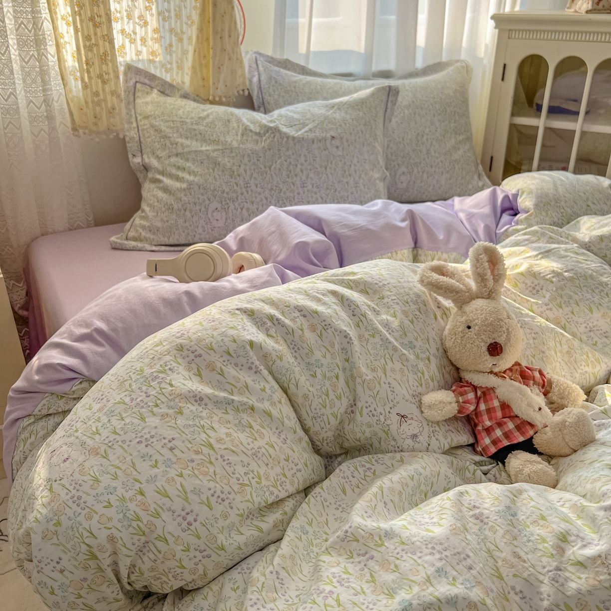 91家纺网 家纺一手货源 找家纺 亨通家纺 2025新款爆款韩国小布袋古法水洗棉云感棉四件套【提供买家秀】 薰衣草