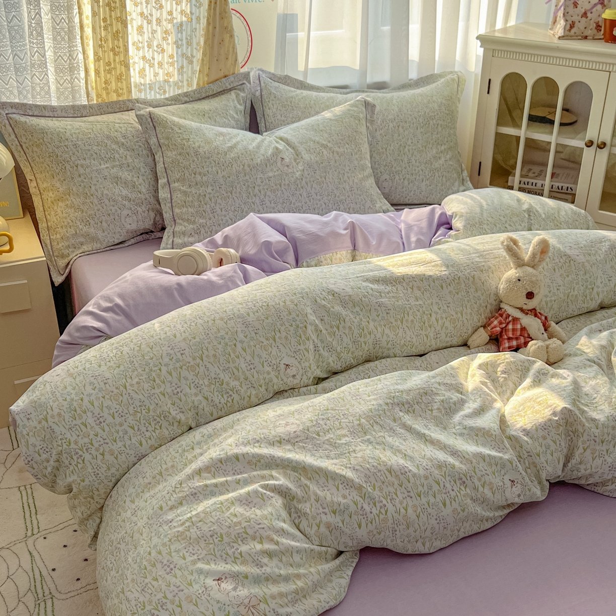 91家纺网 家纺一手货源 找家纺 亨通家纺 2025新款爆款韩国小布袋古法水洗棉云感棉四件套【提供买家秀】 薰衣草