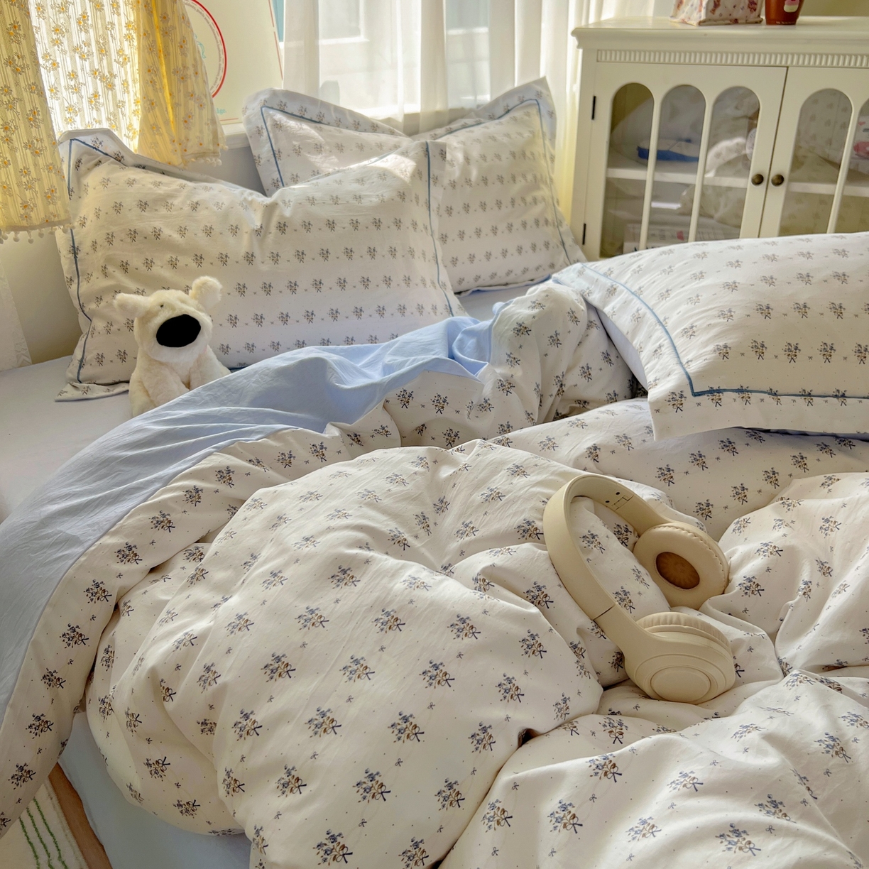 91家纺网 家纺一手货源 找家纺 亨通家纺 2025新款爆款韩国小布袋古法水洗棉云感棉四件套【提供买家秀】 一帘幽梦-米