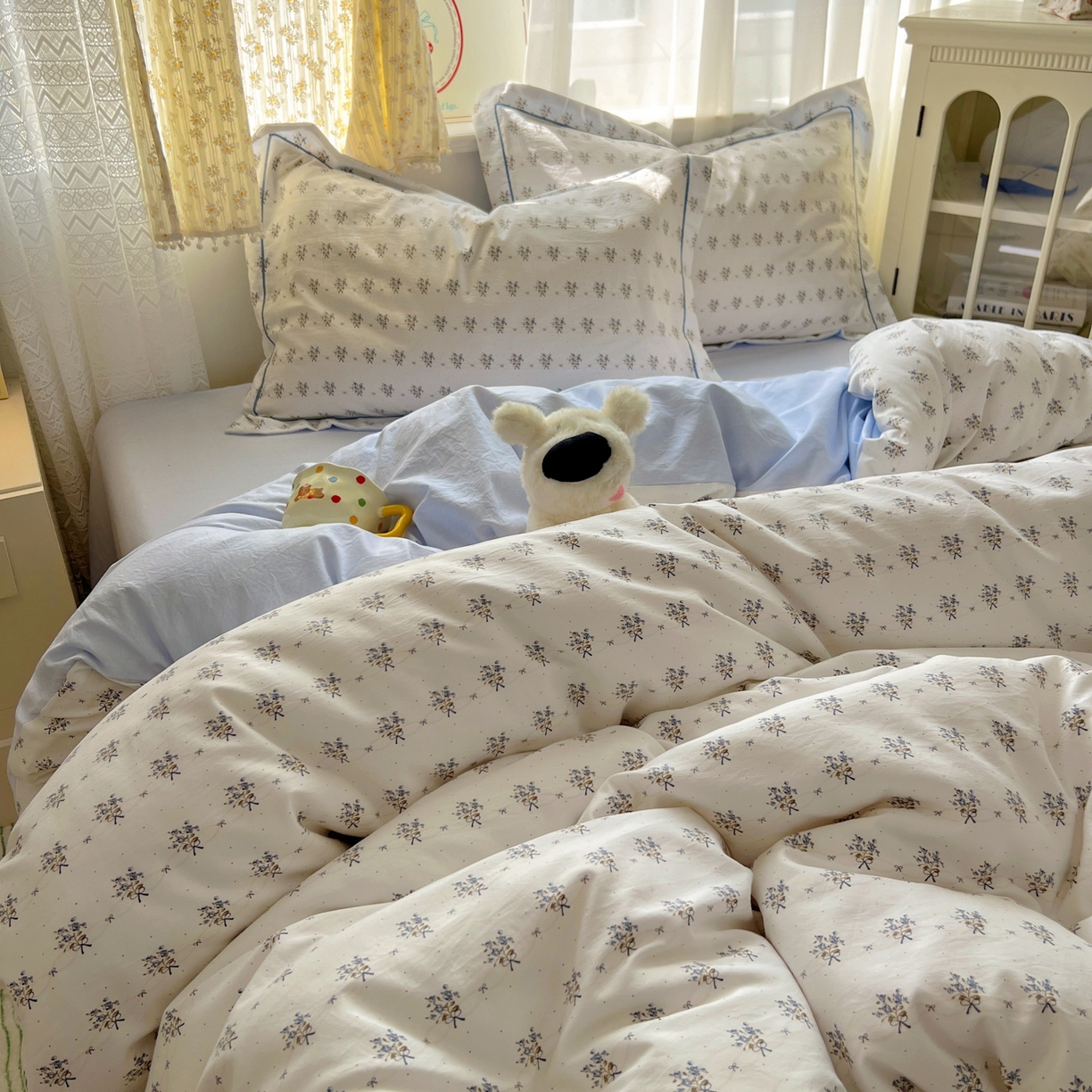 91家纺网 家纺一手货源 找家纺 亨通家纺 2025新款爆款韩国小布袋古法水洗棉云感棉四件套【提供买家秀】 一帘幽梦-米