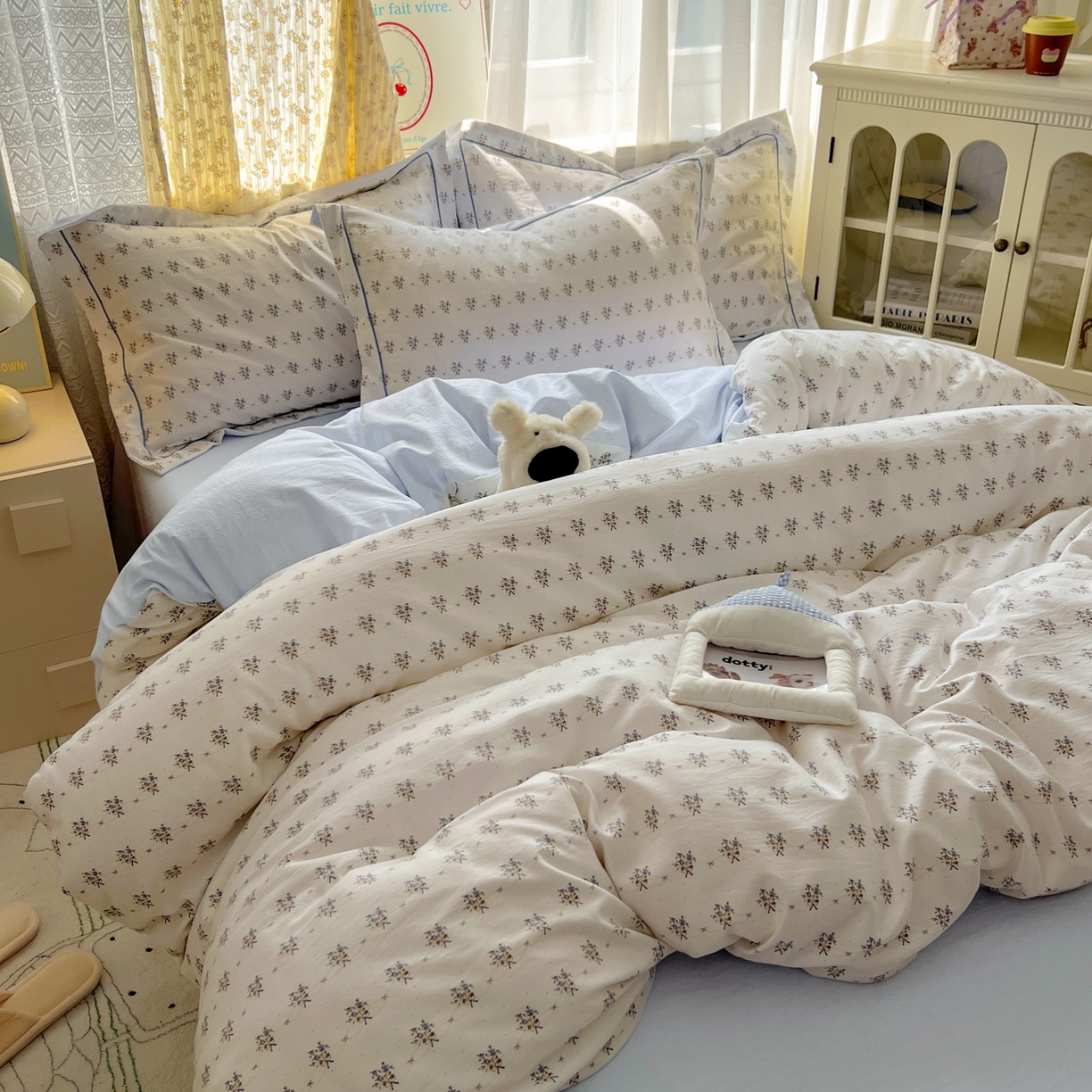 91家纺网 家纺一手货源 找家纺 亨通家纺 2025新款爆款韩国小布袋古法水洗棉云感棉四件套【提供买家秀】 一帘幽梦-米