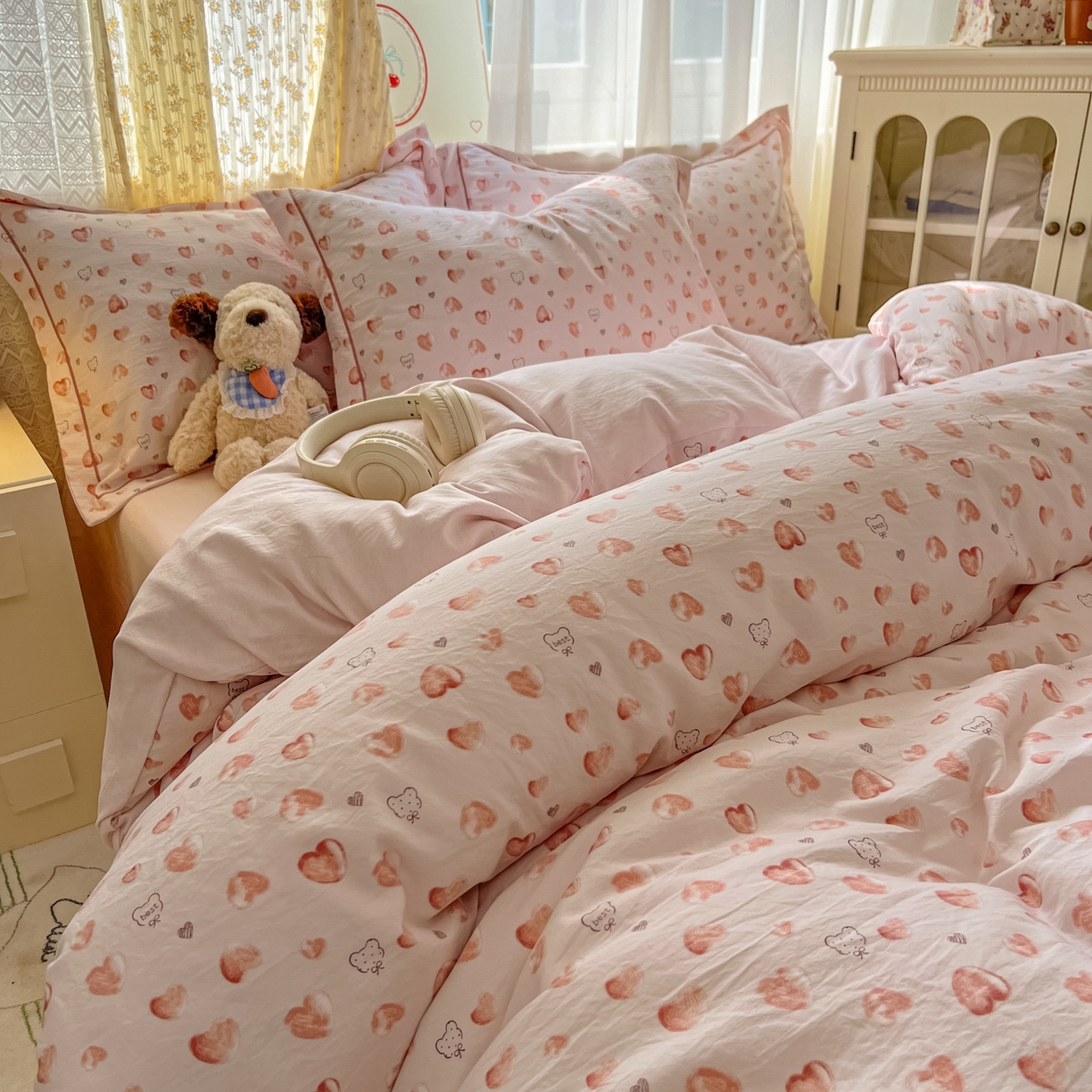 91家纺网 家纺一手货源 找家纺 亨通家纺 2025新款爆款韩国小布袋古法水洗棉云感棉四件套【提供买家秀】 依恋-粉