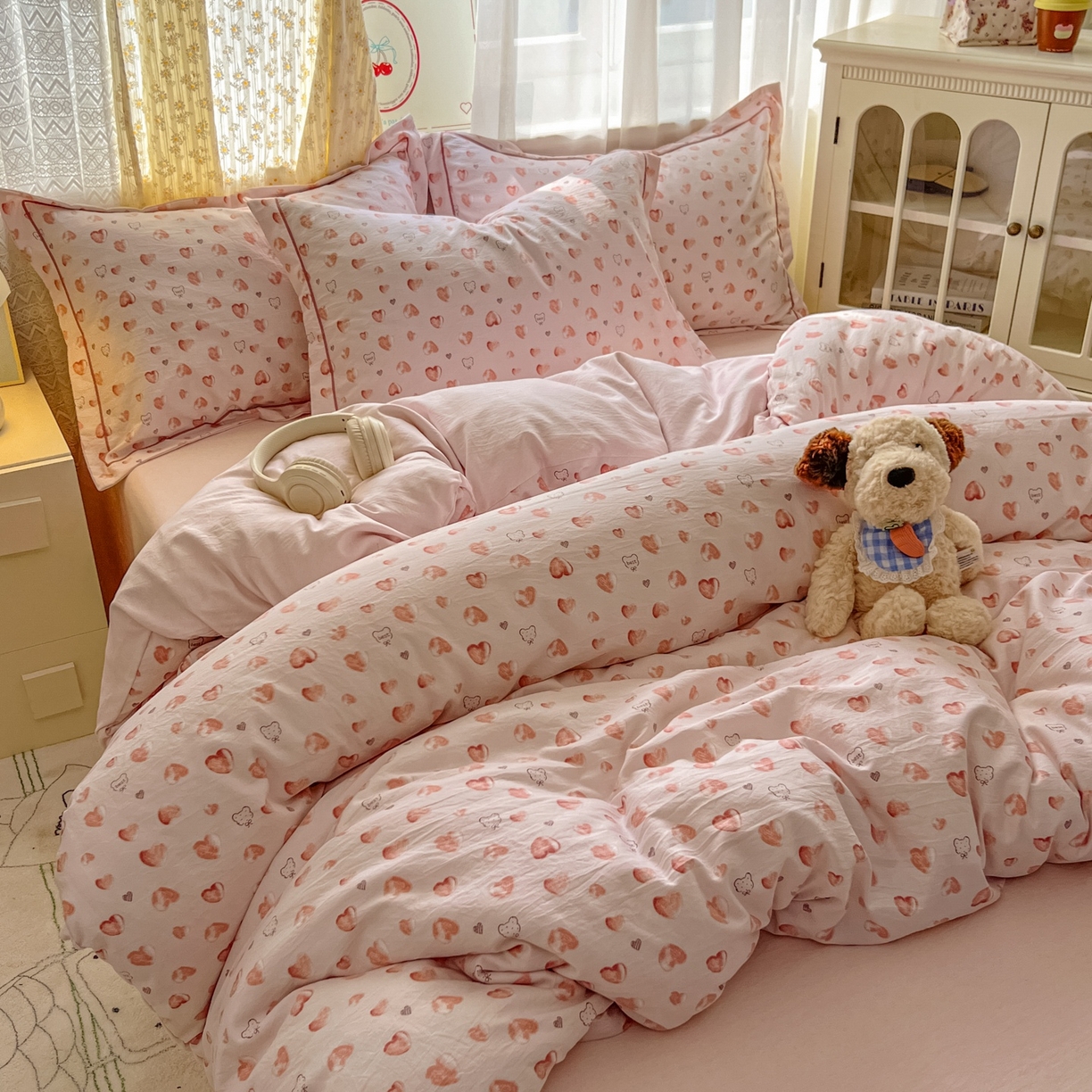 91家纺网 家纺一手货源 找家纺 亨通家纺 2025新款爆款韩国小布袋古法水洗棉云感棉四件套【提供买家秀】 依恋-粉