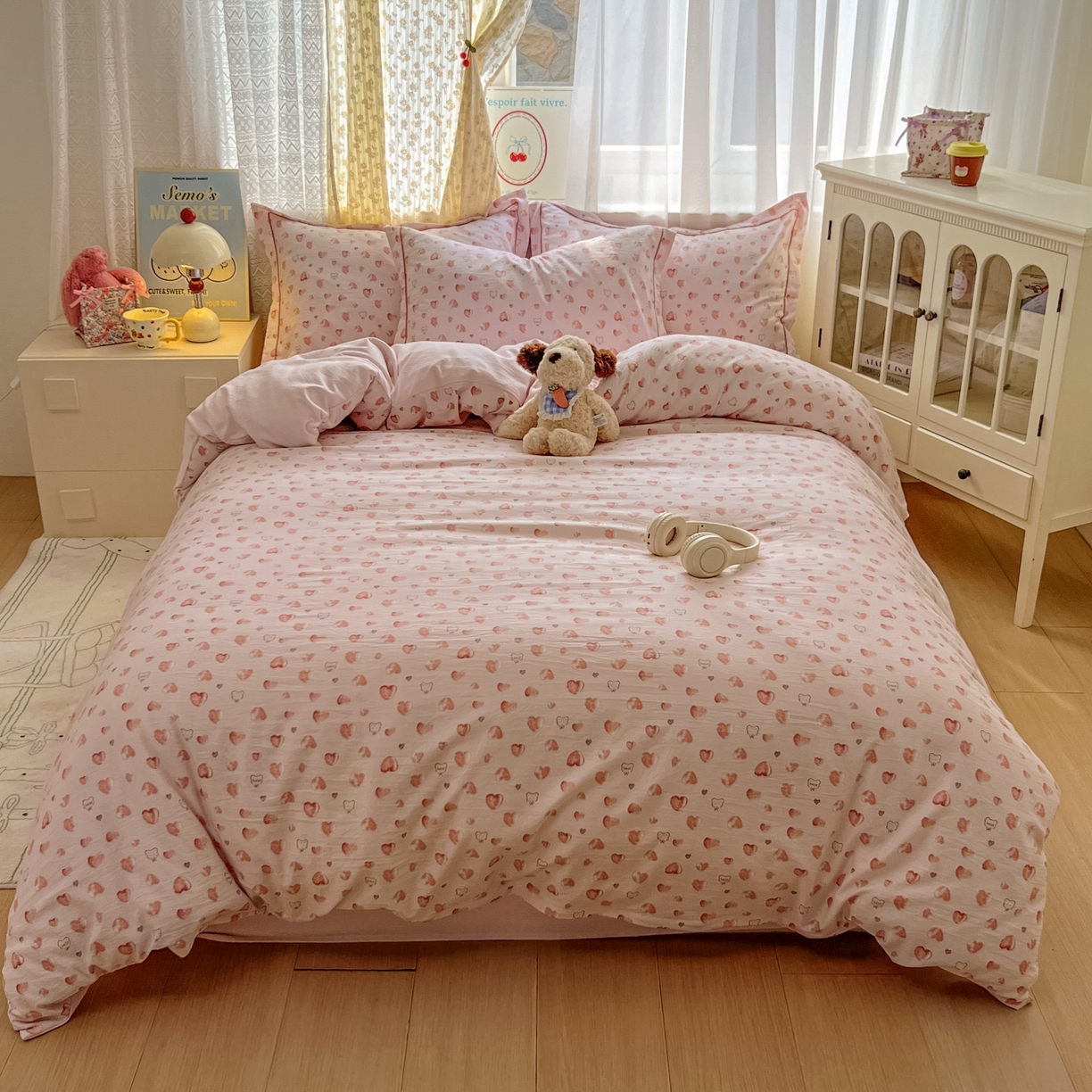 91家纺网 家纺一手货源 找家纺 亨通家纺 2025新款爆款韩国小布袋古法水洗棉云感棉四件套【提供买家秀】 依恋-粉