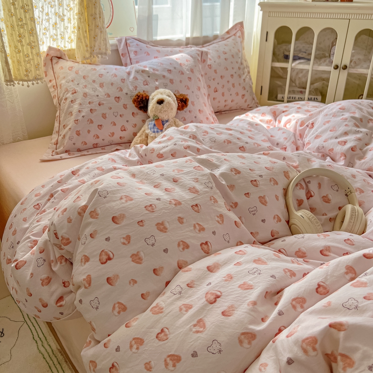 91家纺网 家纺一手货源 找家纺 亨通家纺 2025新款爆款韩国小布袋古法水洗棉云感棉四件套【提供买家秀】 依恋-粉