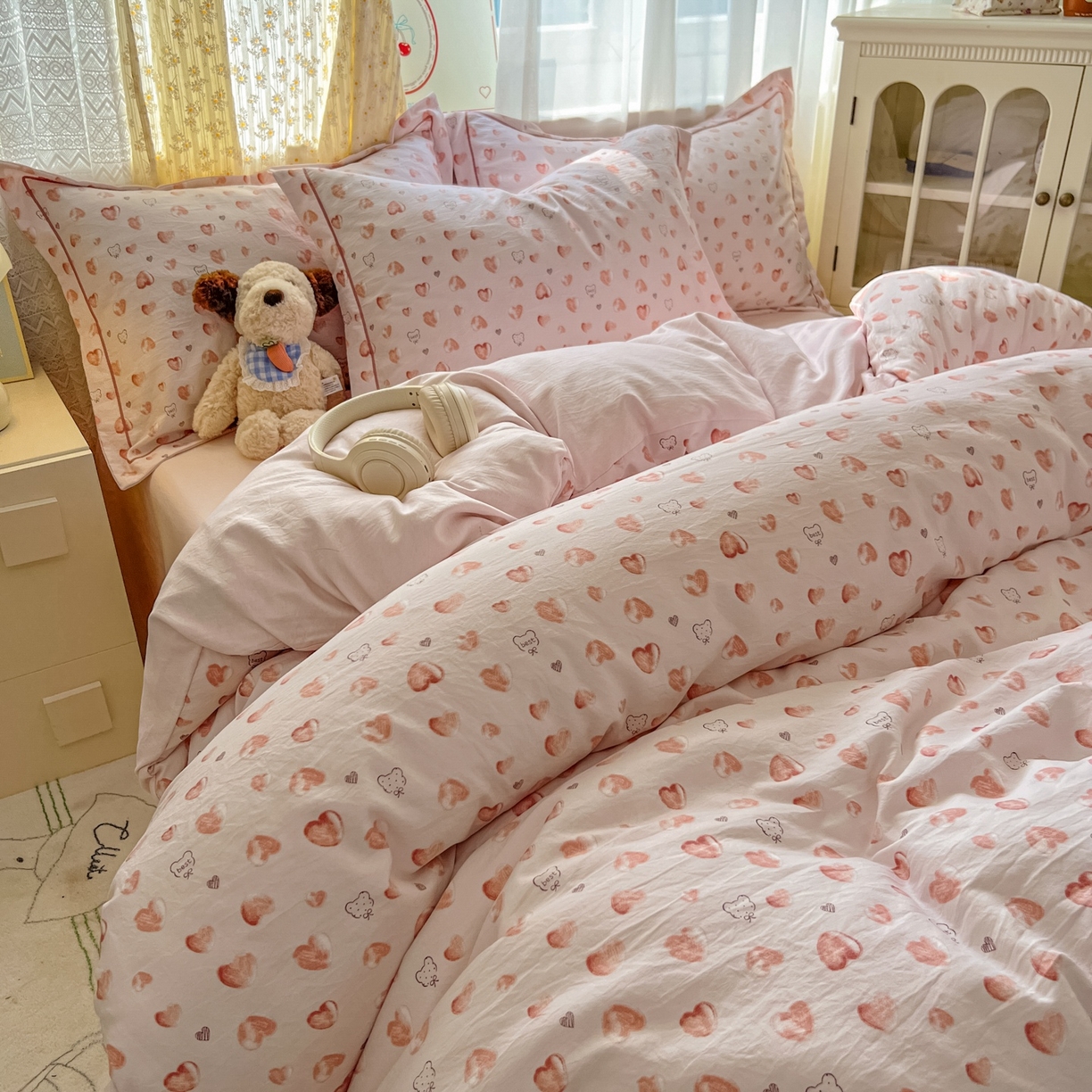 91家纺网 家纺一手货源 找家纺 亨通家纺 2025新款爆款韩国小布袋古法水洗棉云感棉四件套【提供买家秀】 依恋-粉