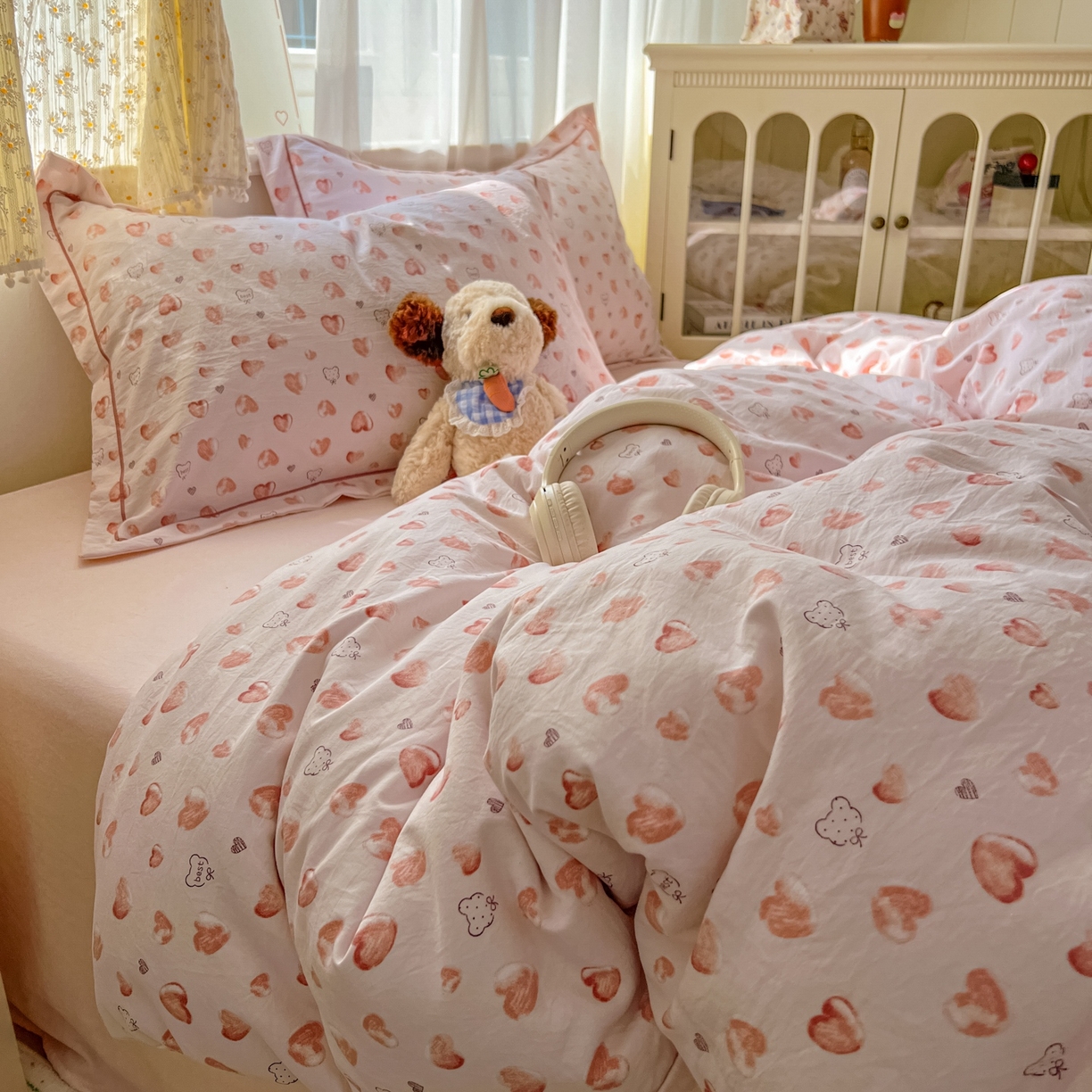 91家纺网 家纺一手货源 找家纺 亨通家纺 2025新款爆款韩国小布袋古法水洗棉云感棉四件套【提供买家秀】 依恋-粉