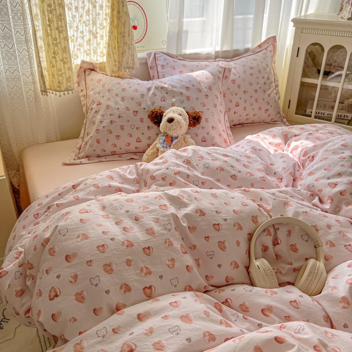 91家纺网 家纺一手货源 找家纺 亨通家纺 2025新款爆款韩国小布袋古法水洗棉云感棉四件套【提供买家秀】 依恋-粉