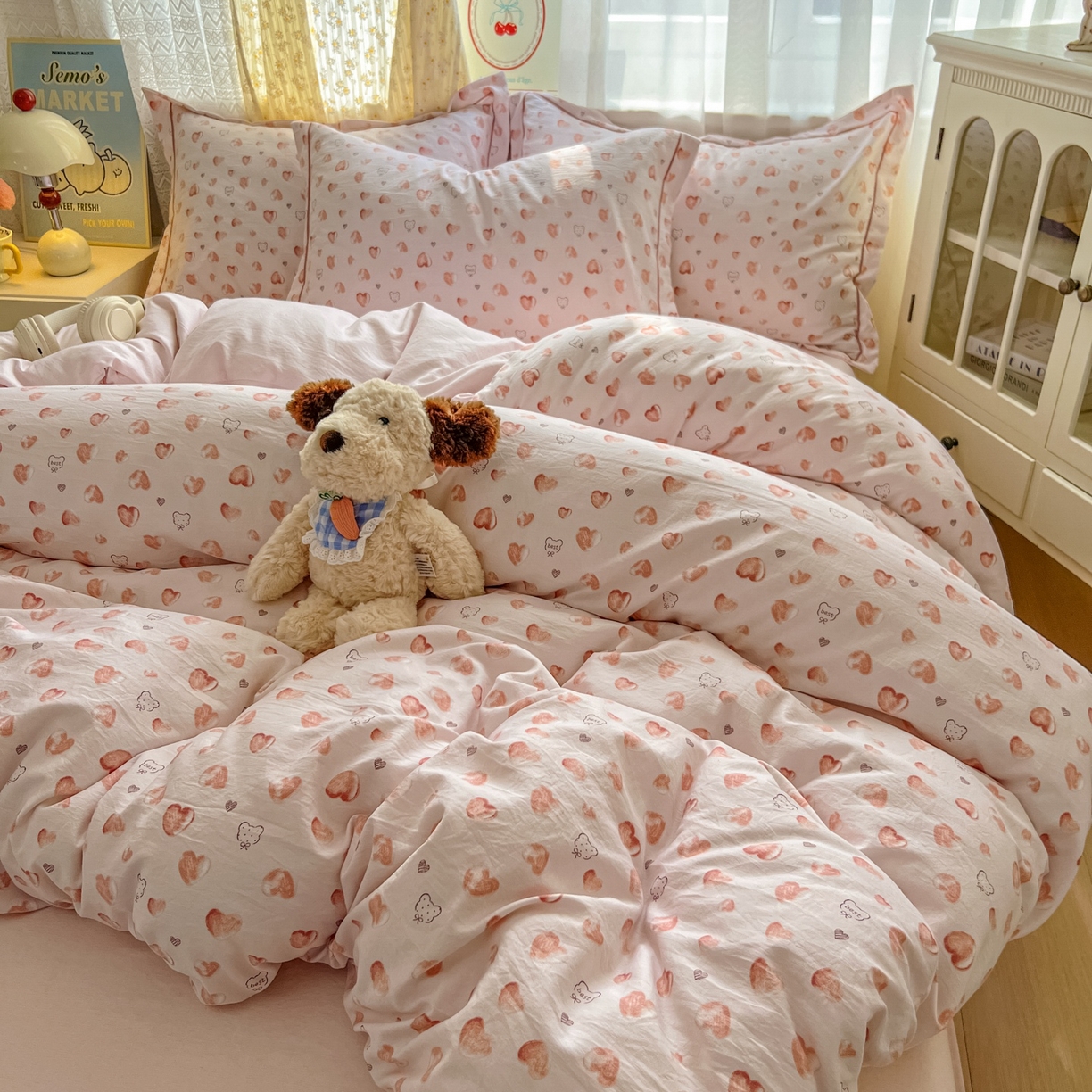 91家纺网 家纺一手货源 找家纺 亨通家纺 2025新款爆款韩国小布袋古法水洗棉云感棉四件套【提供买家秀】 依恋-粉