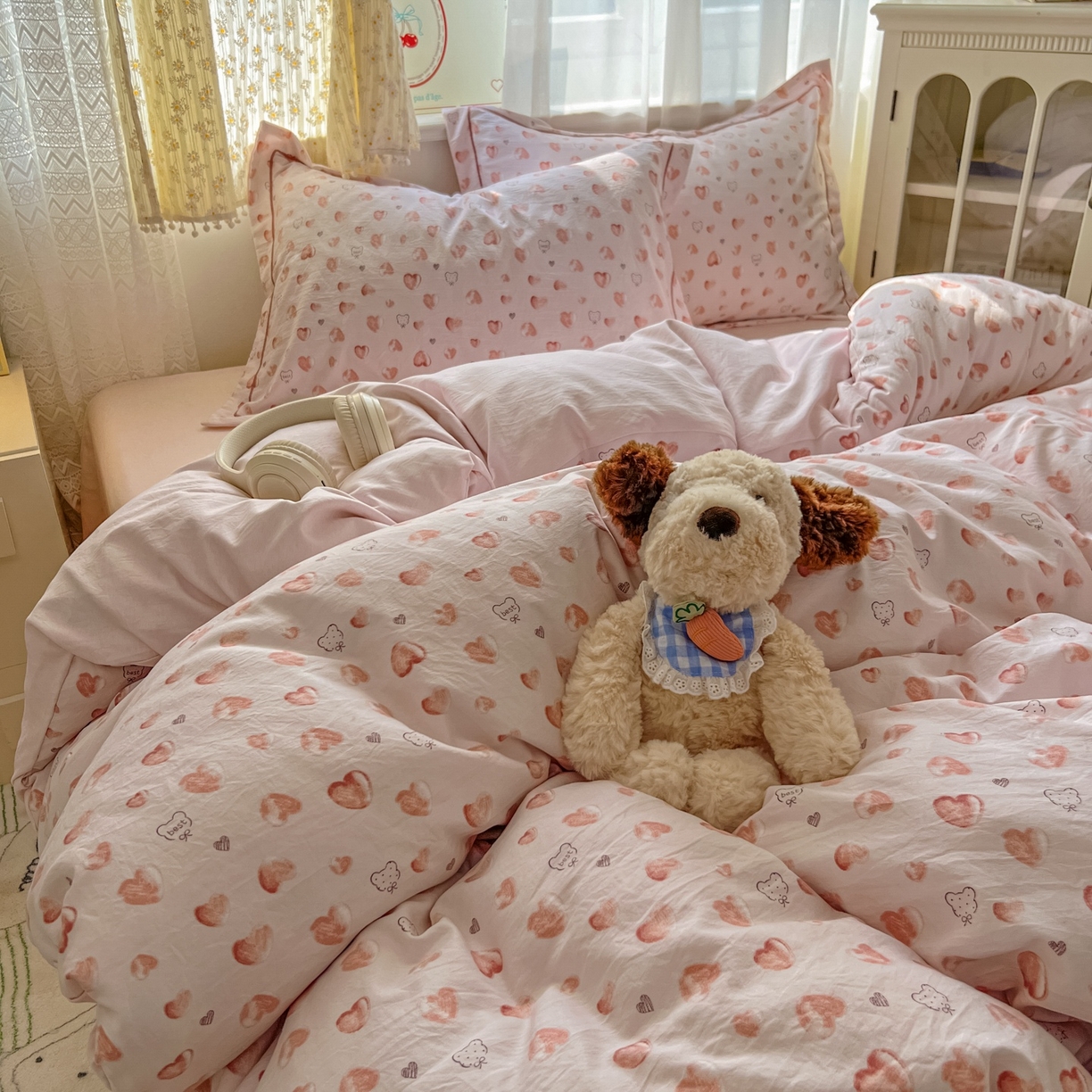 91家纺网 家纺一手货源 找家纺 亨通家纺 2025新款爆款韩国小布袋古法水洗棉云感棉四件套【提供买家秀】 依恋-粉