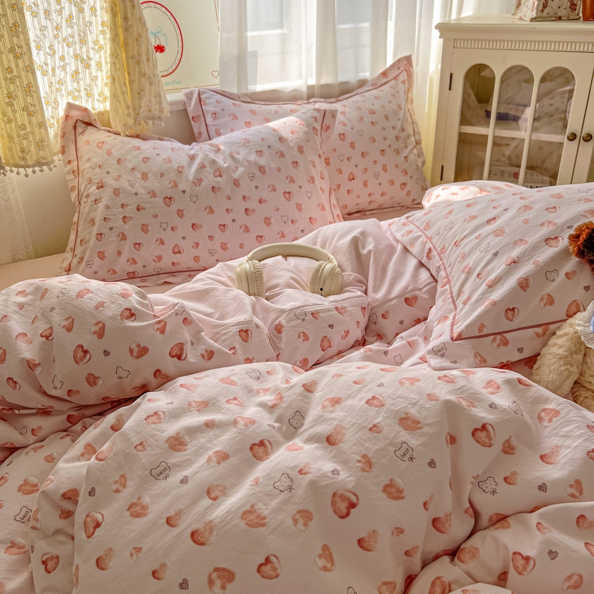 91家纺网 家纺一手货源 找家纺 亨通家纺 2025新款爆款韩国小布袋古法水洗棉云感棉四件套【提供买家秀】 依恋-粉