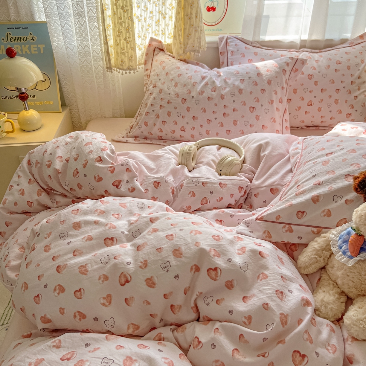 91家纺网 家纺一手货源 找家纺 亨通家纺 2025新款爆款韩国小布袋古法水洗棉云感棉四件套【提供买家秀】 依恋-粉