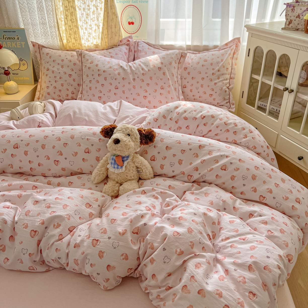 91家纺网 家纺一手货源 找家纺 亨通家纺 2025新款爆款韩国小布袋古法水洗棉云感棉四件套【提供买家秀】 依恋-粉