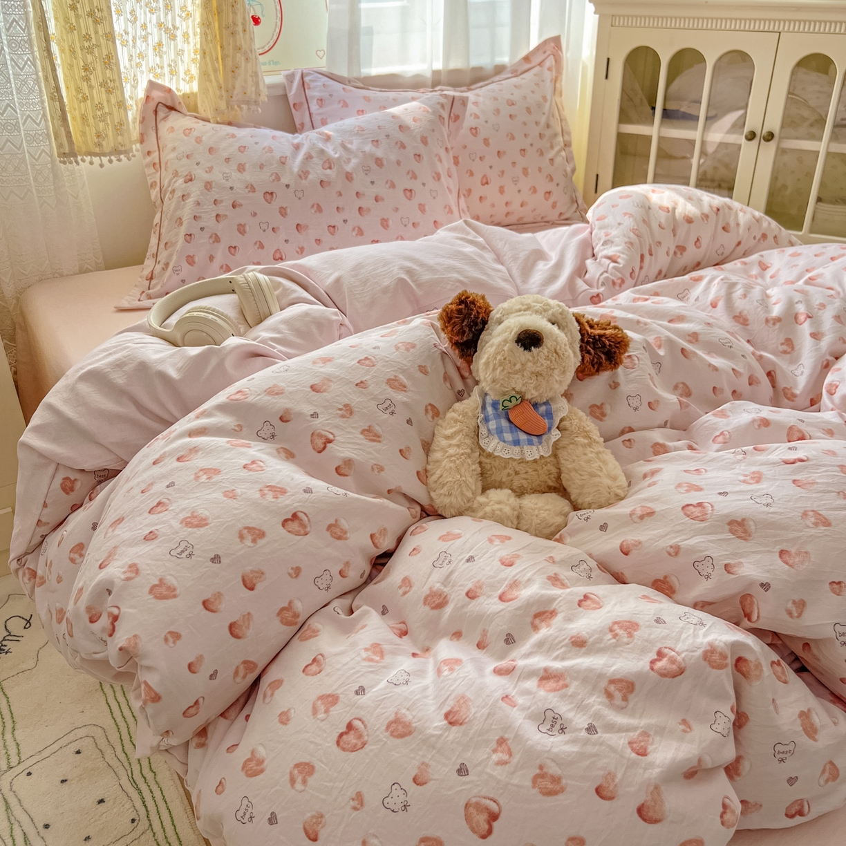 91家纺网 家纺一手货源 找家纺 亨通家纺 2025新款爆款韩国小布袋古法水洗棉云感棉四件套【提供买家秀】 依恋-粉