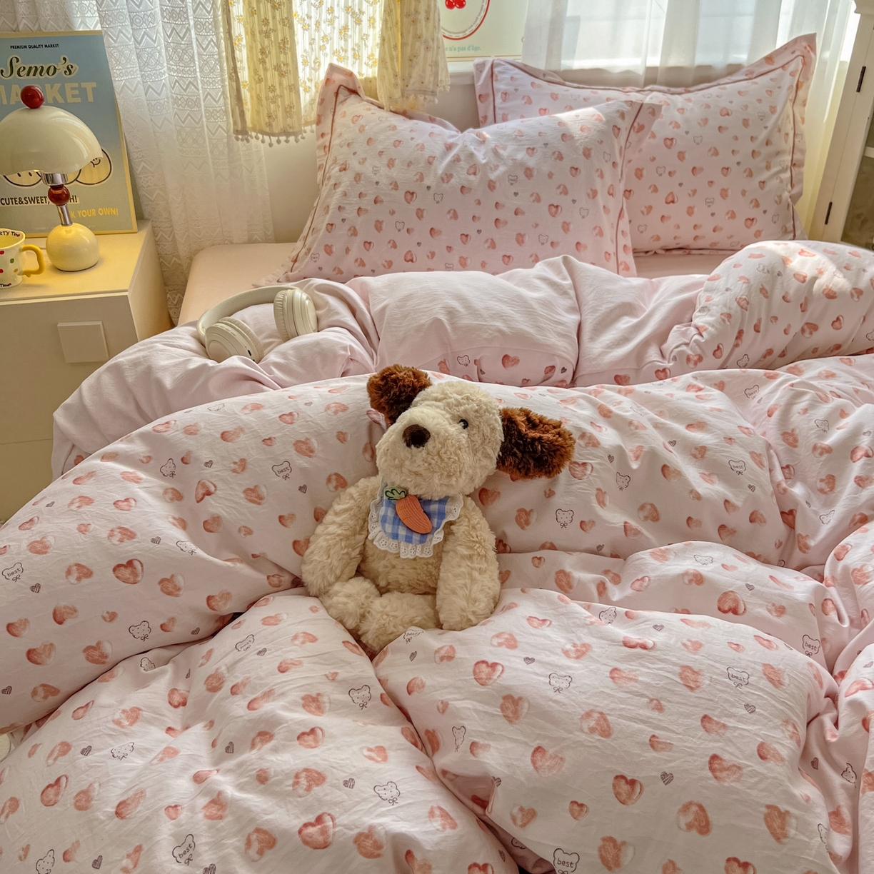 91家纺网 家纺一手货源 找家纺 亨通家纺 2025新款爆款韩国小布袋古法水洗棉云感棉四件套【提供买家秀】 依恋-粉